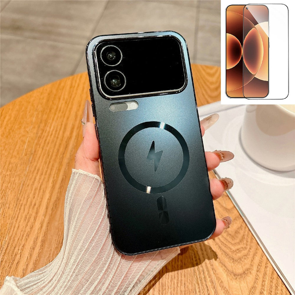 For Xiaomi 17 Pro Max Magnetic Case Electroplated Matte PC TPU Phone Cover with Tempered Glass Film - Black