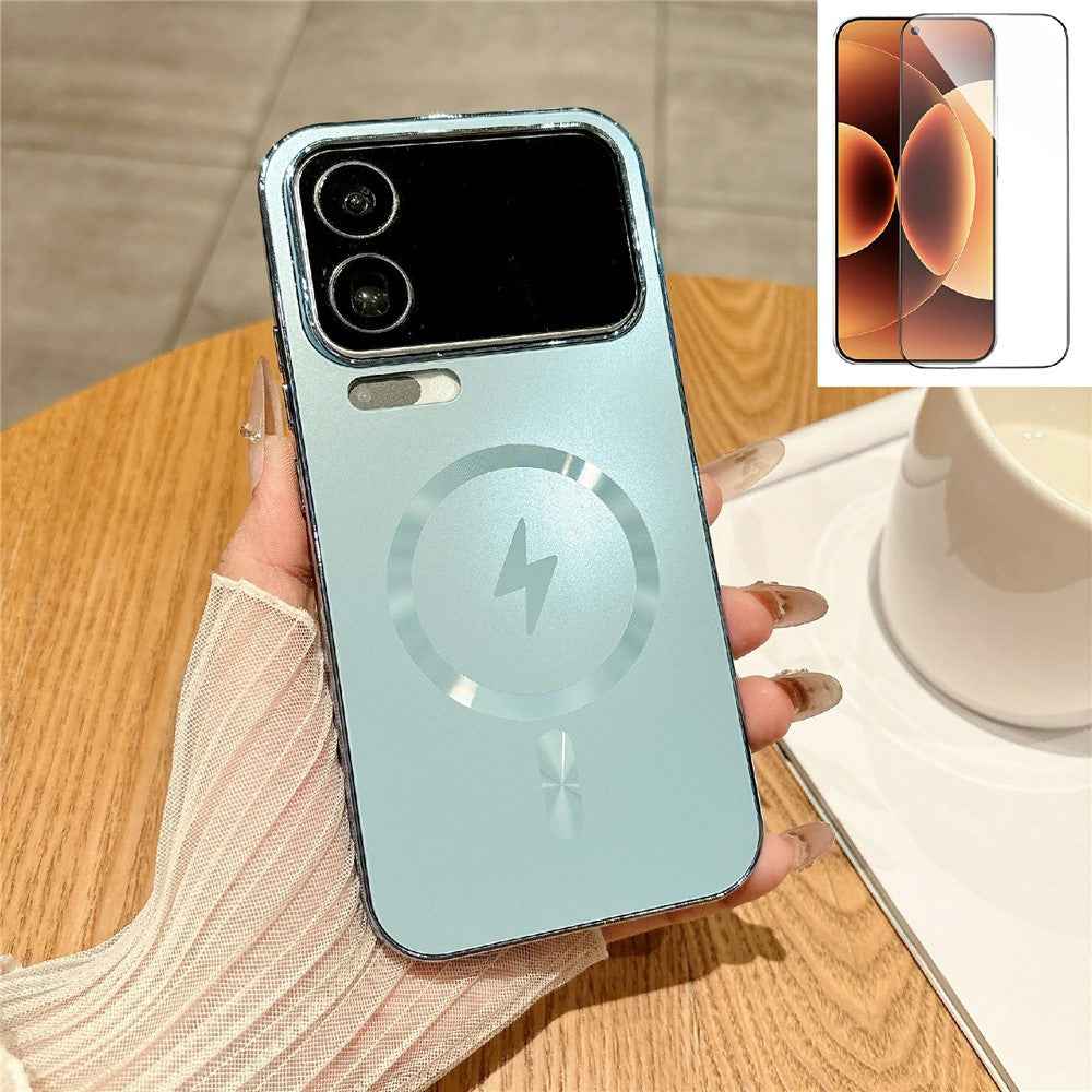 For Xiaomi 17 Pro Magnetic Case Electroplated Matte PC TPU Phone Cover with Tempered Glass Film - Blue