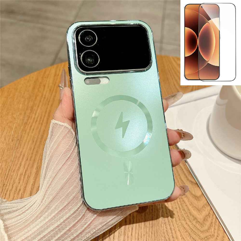 For Xiaomi 17 Pro Magnetic Case Electroplated Matte PC TPU Phone Cover with Tempered Glass Film - Matcha Green