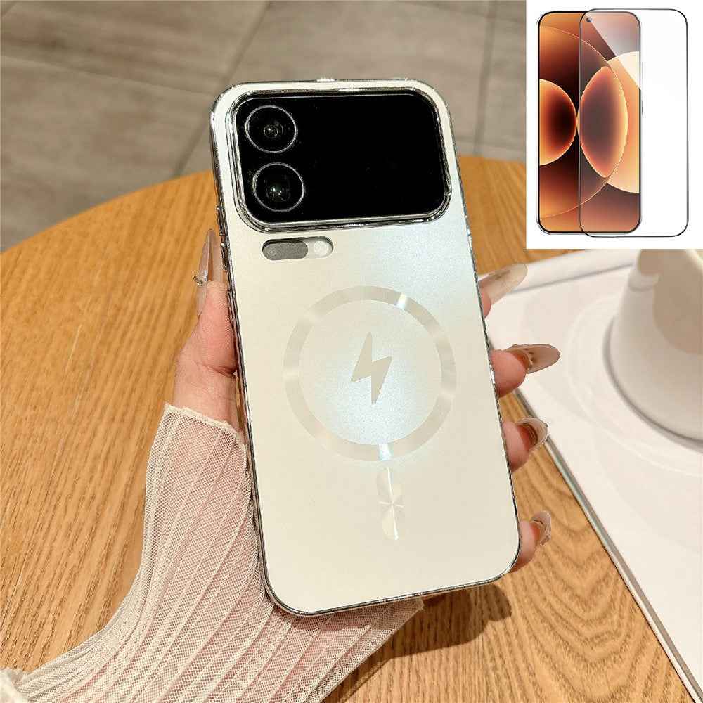 For Xiaomi 17 Pro Magnetic Case Electroplated Matte PC TPU Phone Cover with Tempered Glass Film - White