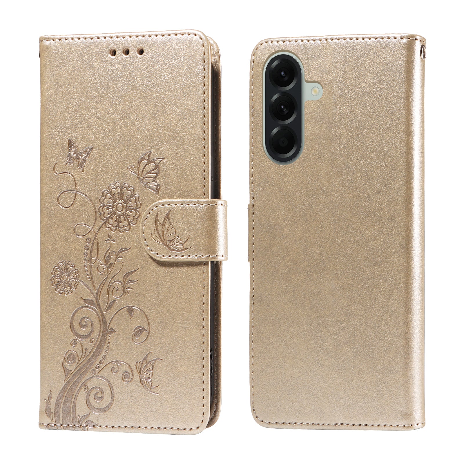 For Samsung Galaxy A57 5G Leather Case Butterfly Floral Imprint Wallet Stand Cover - Golden