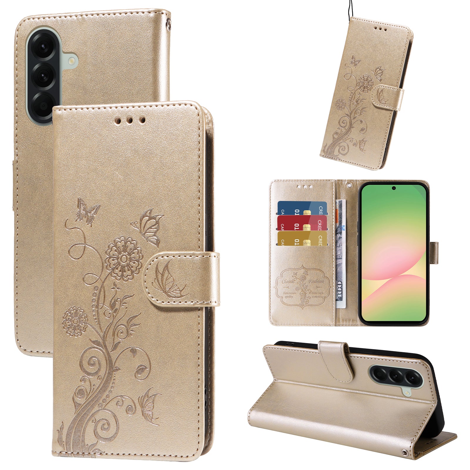 For Samsung Galaxy A57 5G Leather Case Butterfly Floral Imprint Wallet Stand Cover - Golden