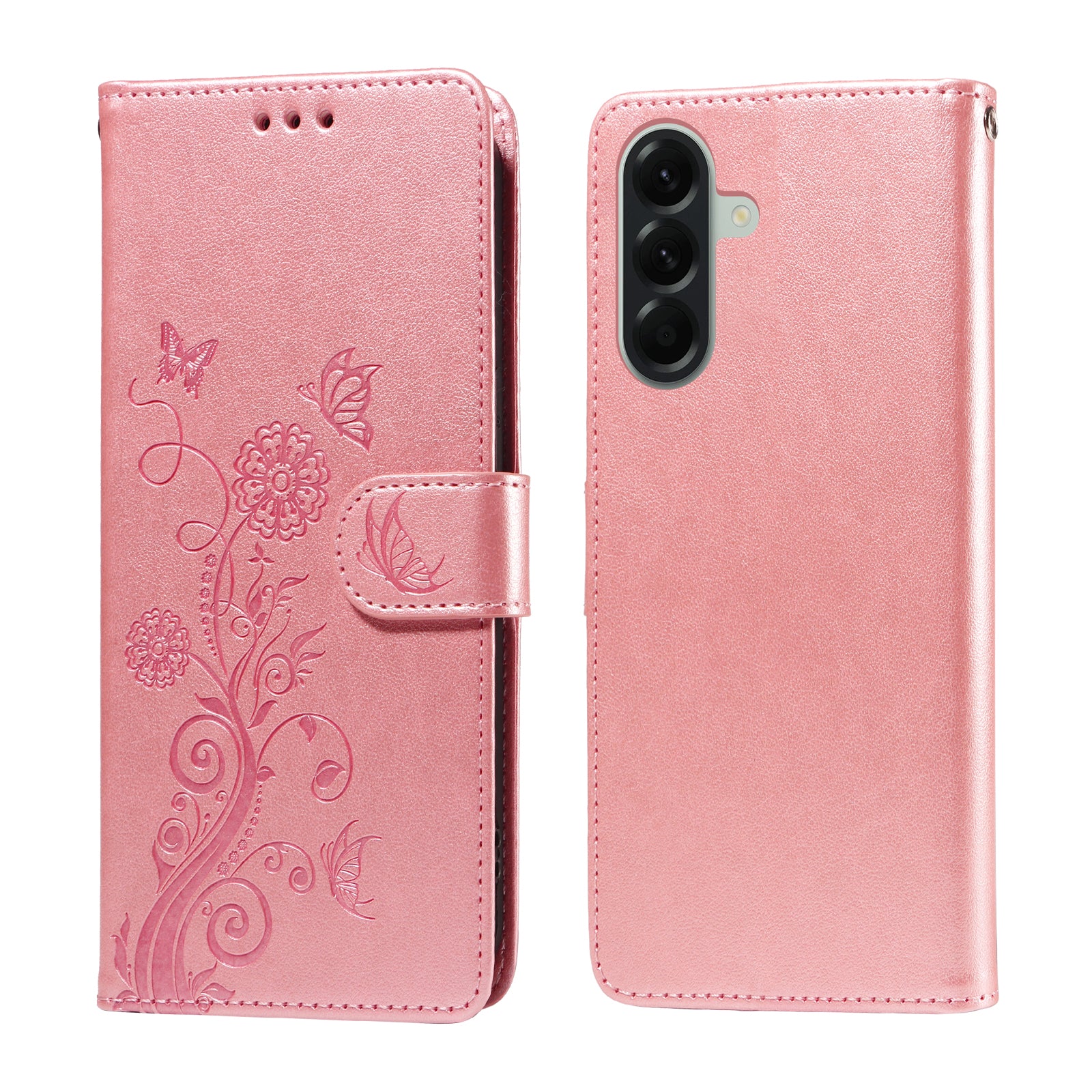 For Samsung Galaxy A57 5G Leather Case Butterfly Floral Imprint Wallet Stand Cover - Pink