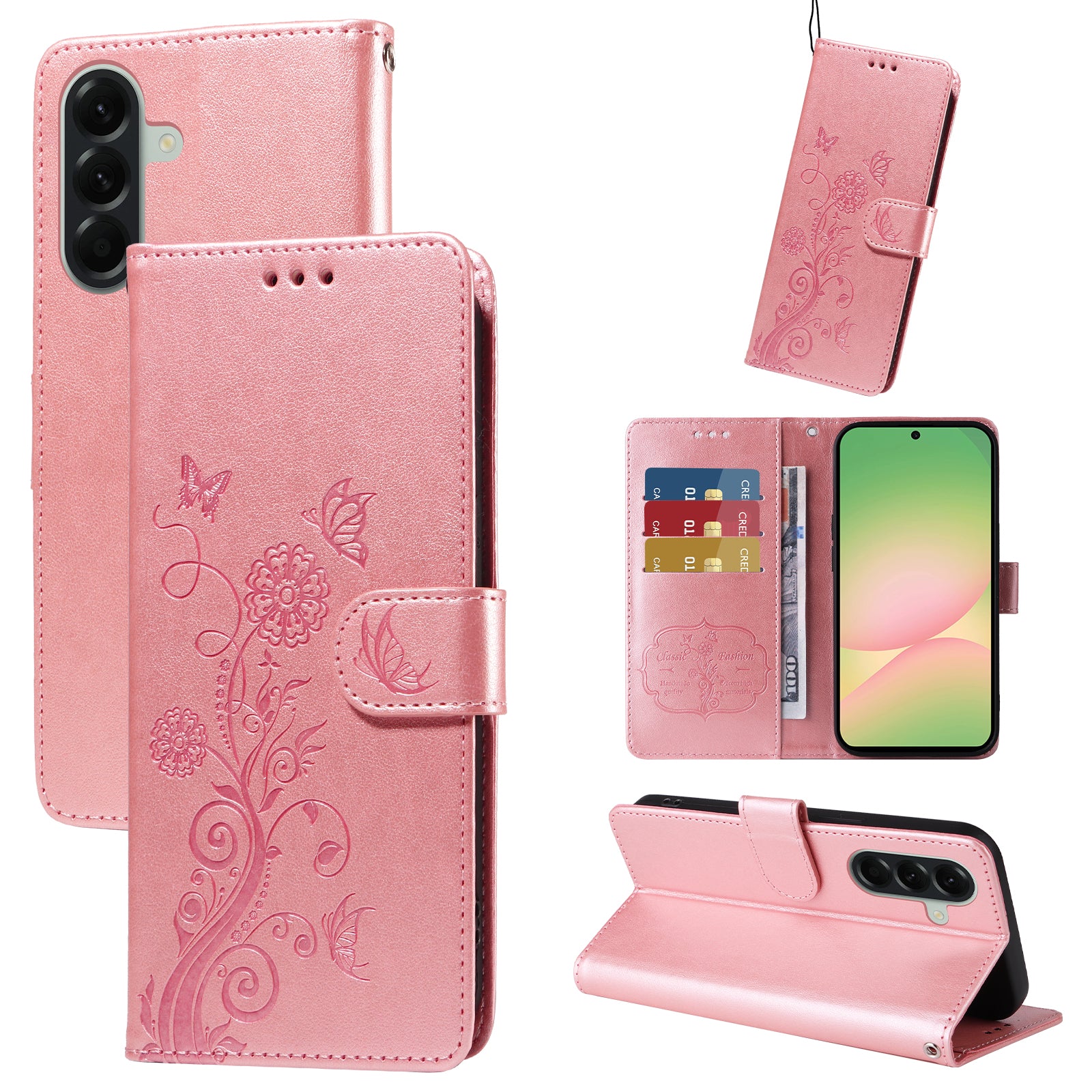 For Samsung Galaxy A57 5G Leather Case Butterfly Floral Imprint Wallet Stand Cover - Pink
