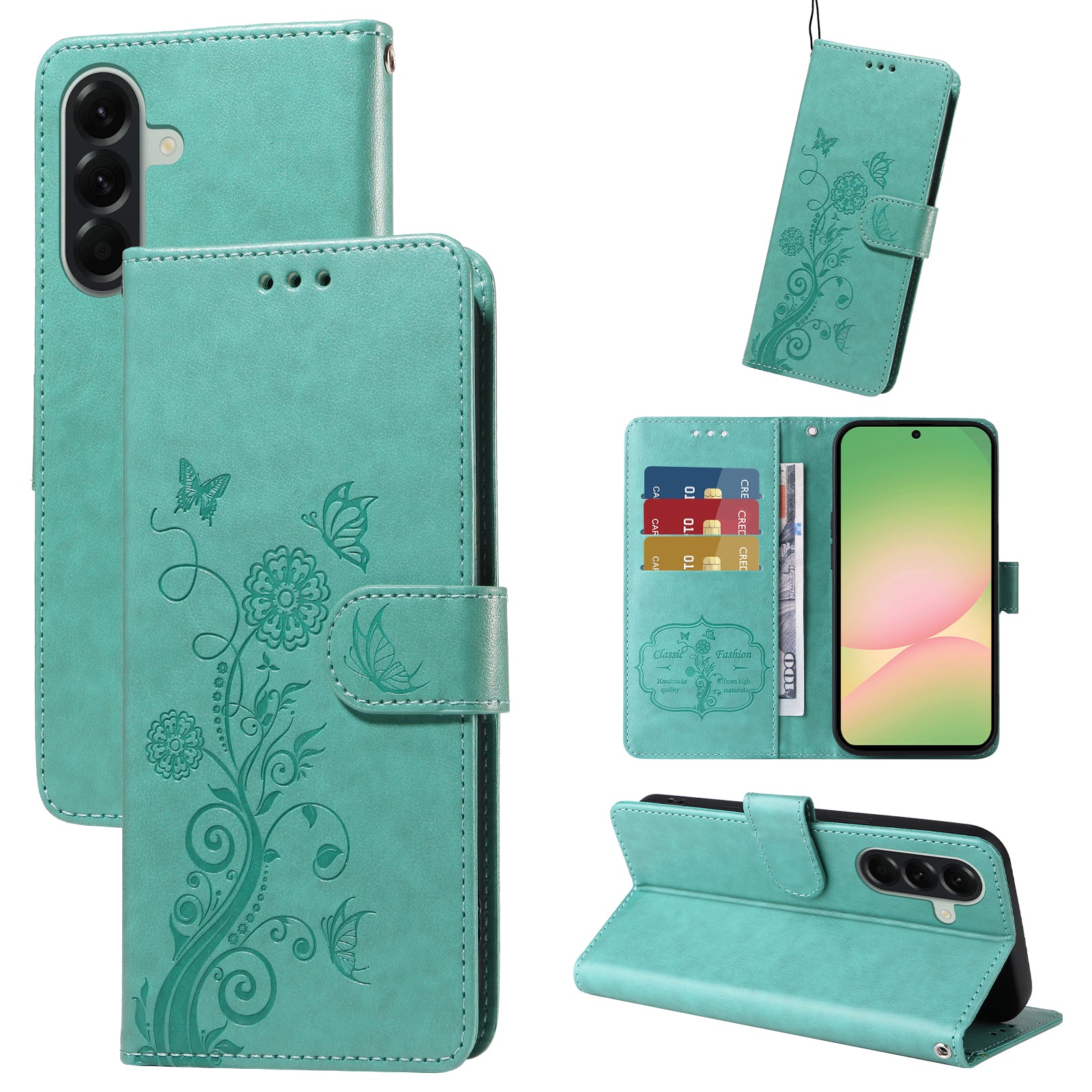 For Samsung Galaxy A57 5G Leather Case Butterfly Floral Imprint Wallet Stand Cover - Green