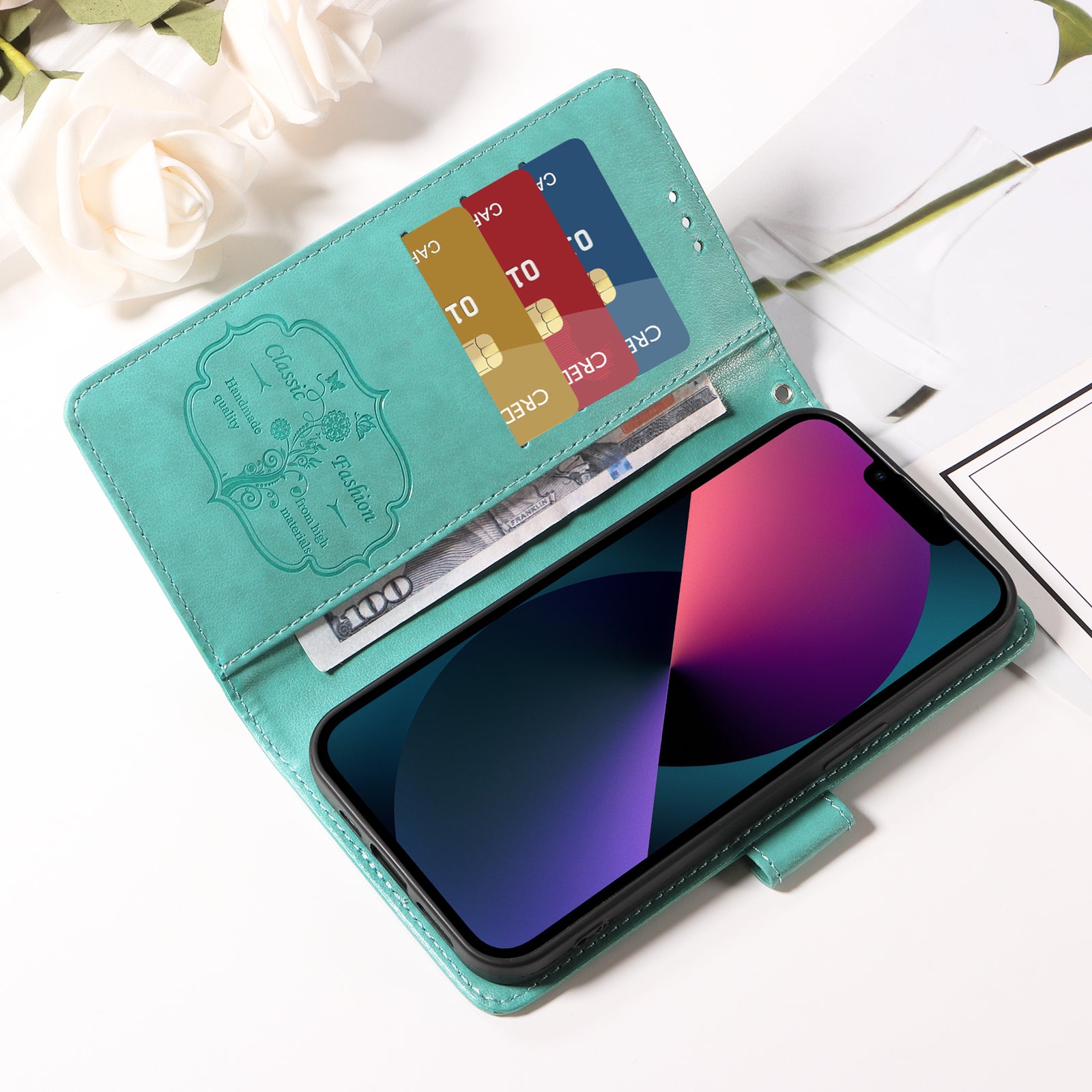 For Samsung Galaxy A57 5G Leather Case Butterfly Floral Imprint Wallet Stand Cover - Green