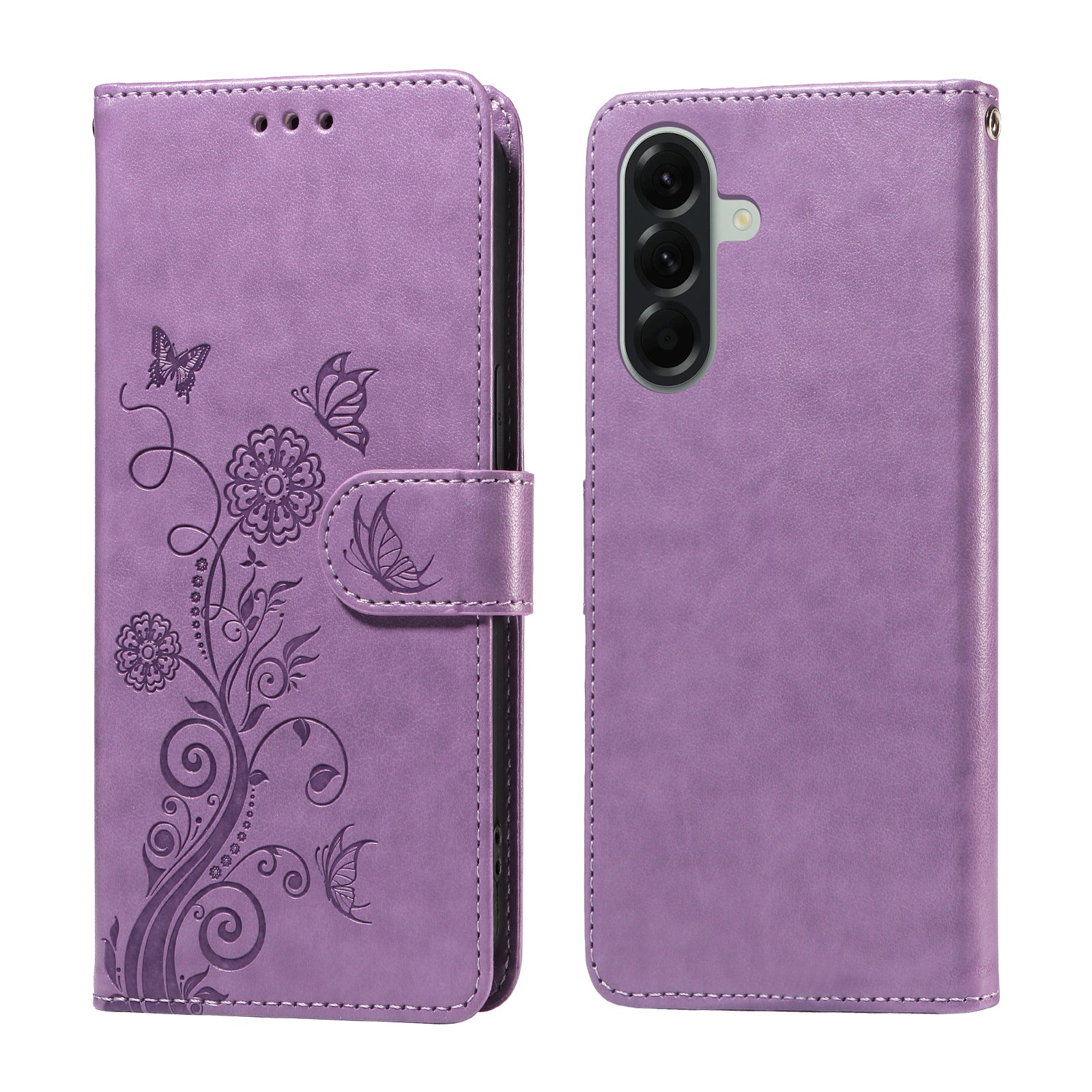 For Samsung Galaxy A57 5G Leather Case Butterfly Floral Imprint Wallet Stand Cover - Purple