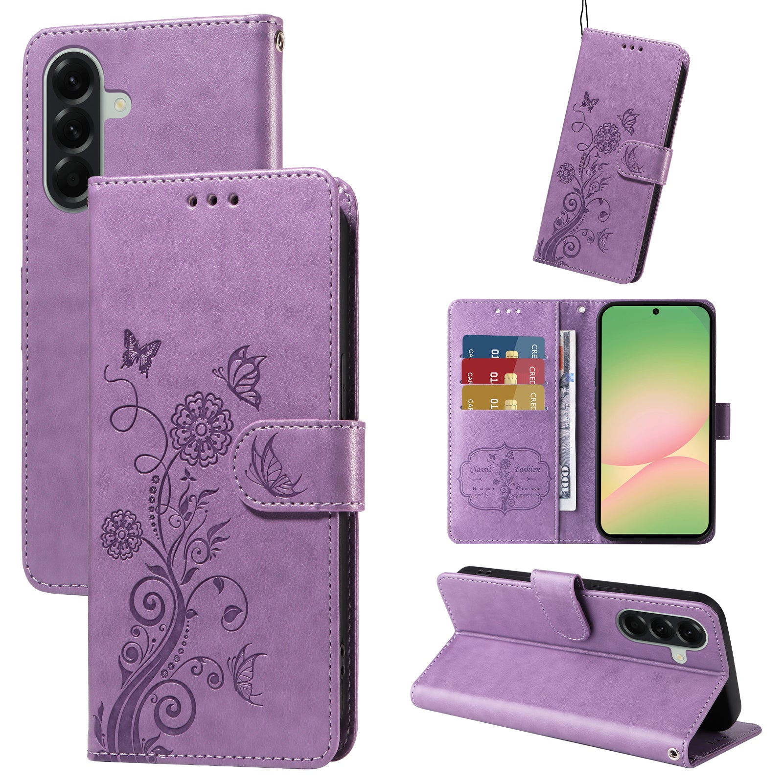 For Samsung Galaxy A57 5G Leather Case Butterfly Floral Imprint Wallet Stand Cover - Purple