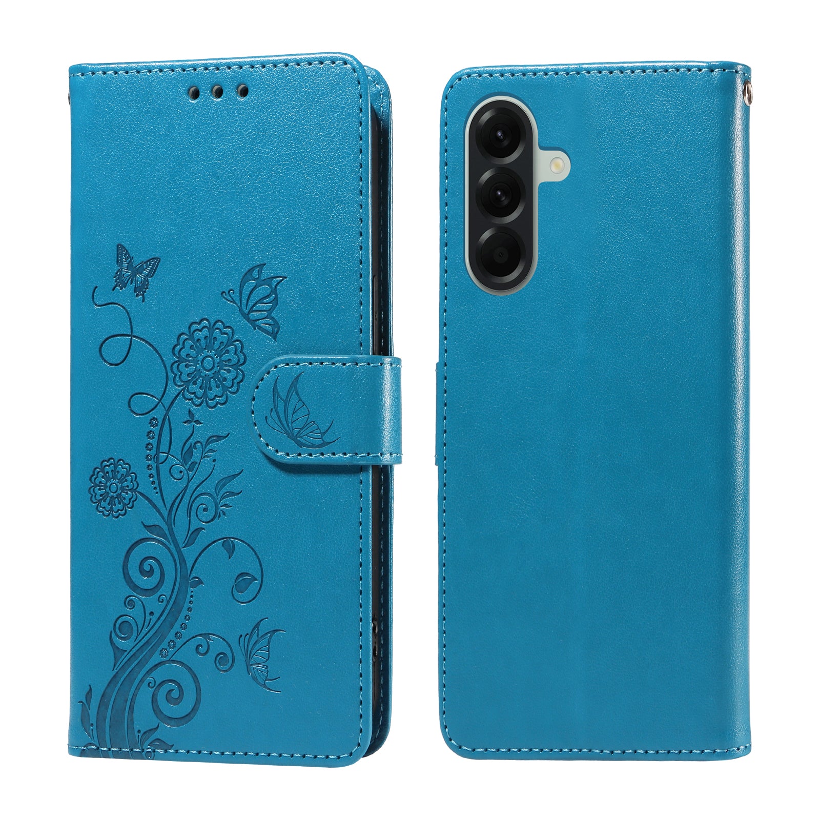 For Samsung Galaxy A57 5G Leather Case Butterfly Floral Imprint Wallet Stand Cover - Blue