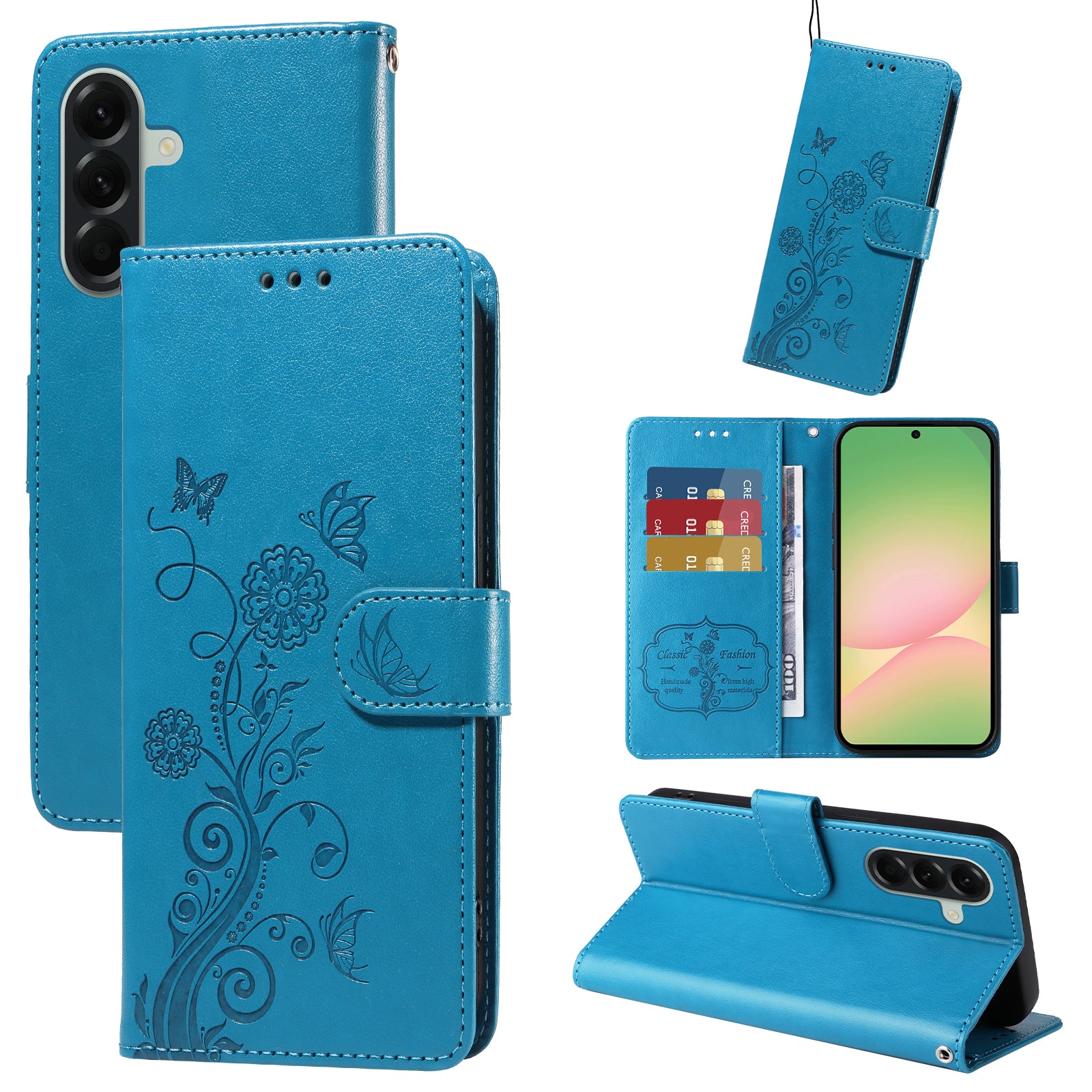 For Samsung Galaxy A57 5G Leather Case Butterfly Floral Imprint Wallet Stand Cover - Blue