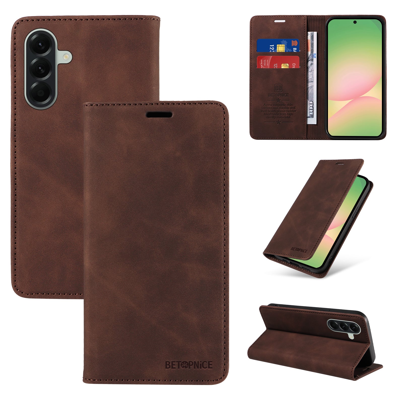 For Samsung Galaxy A57 5G Case BETOPNICE Magnetic Closure RFID Blocking Wallet Stand Leather Phone Cover - Brown