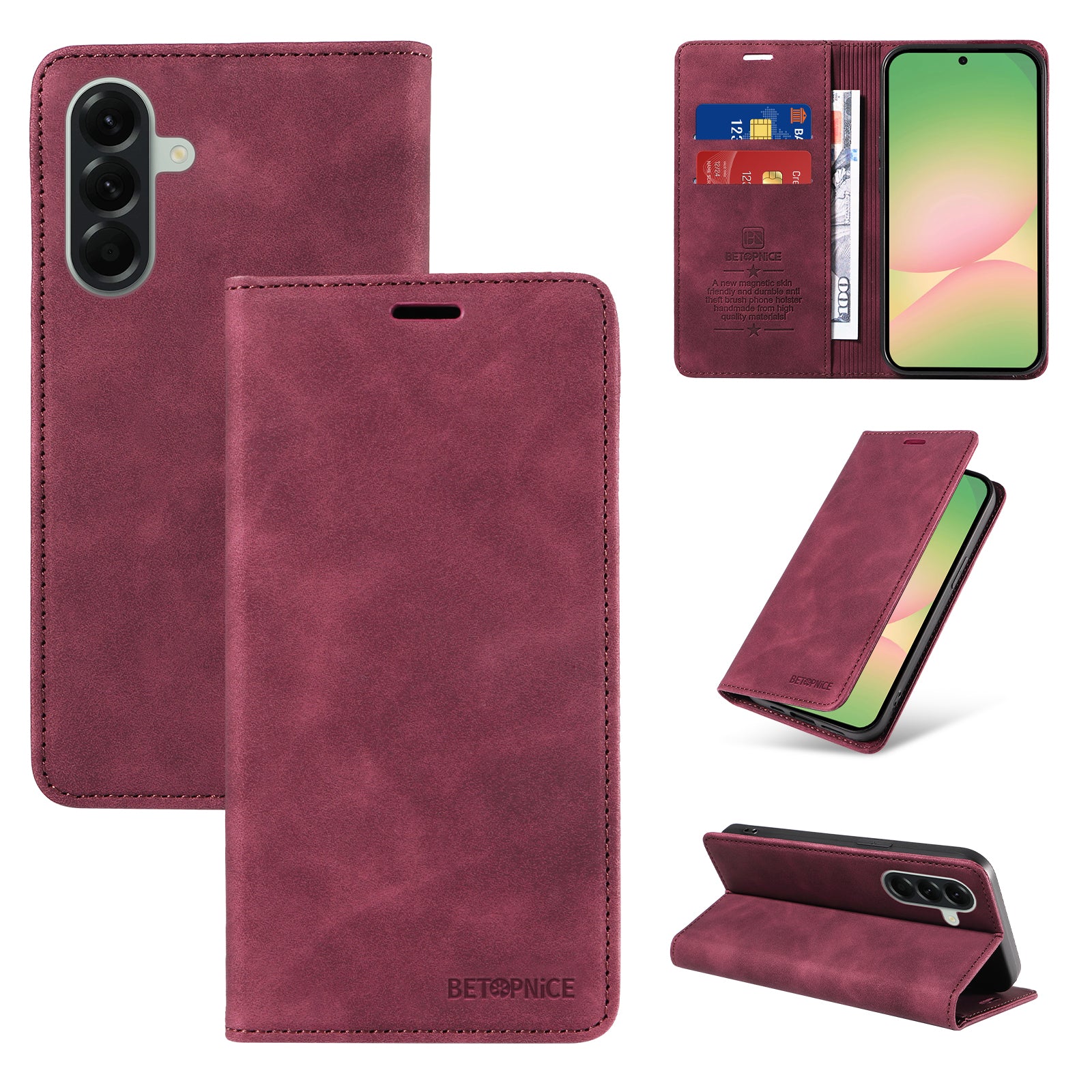 For Samsung Galaxy A57 5G Case BETOPNICE Magnetic Closure RFID Blocking Wallet Stand Leather Phone Cover - Red