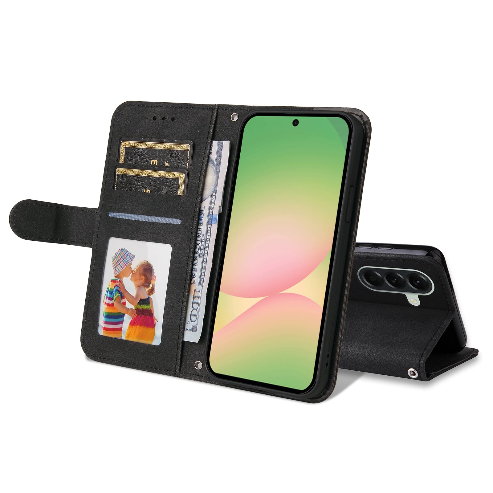 For Samsung Galaxy A57 5G Leather Wallet Cases Skin Touch Phone Cover Stand with Strap - Black