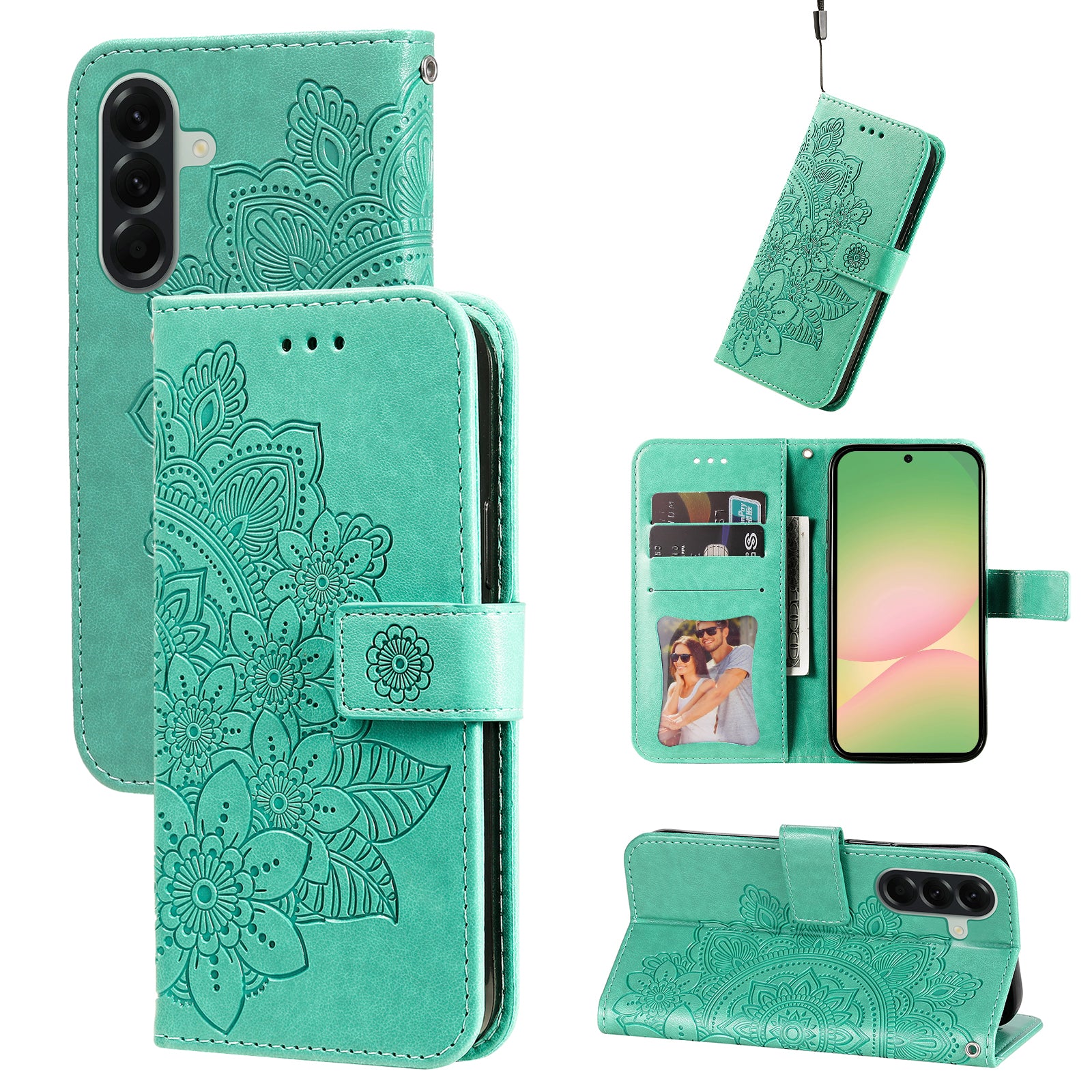 For Samsung Galaxy A57 5G Case Floral Pattern PU Leather Wallet Stand Phone Cover - Green