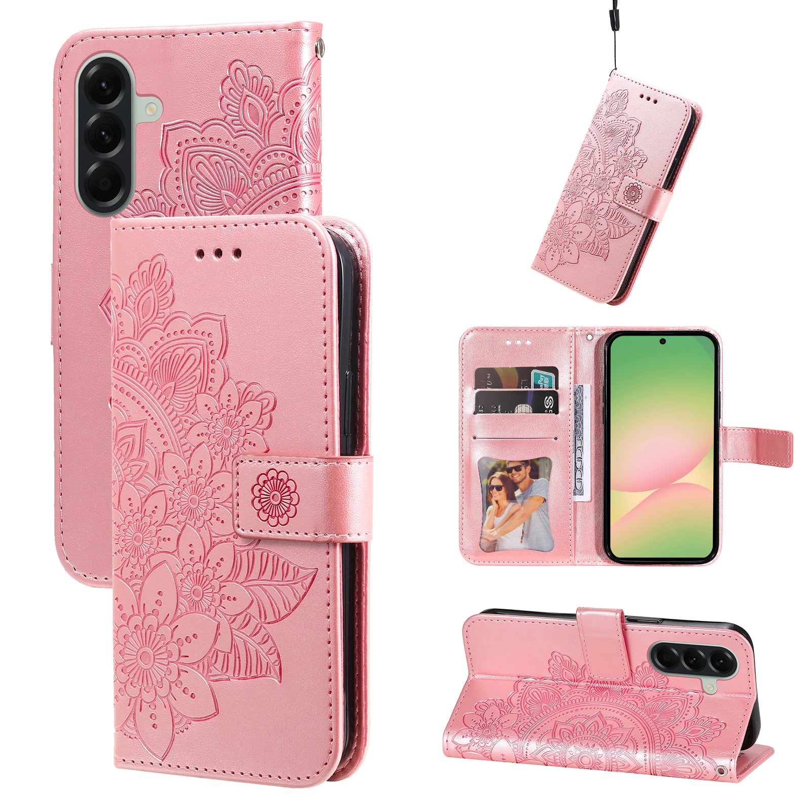 For Samsung Galaxy A57 5G Case Floral Pattern PU Leather Wallet Stand Phone Cover - Pink