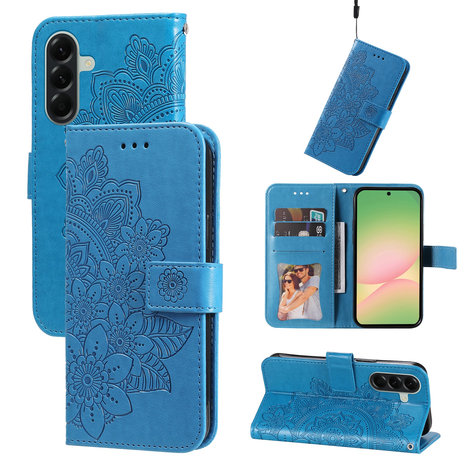 For Samsung Galaxy A57 5G Case Floral Pattern PU Leather Wallet Stand Phone Cover - Blue