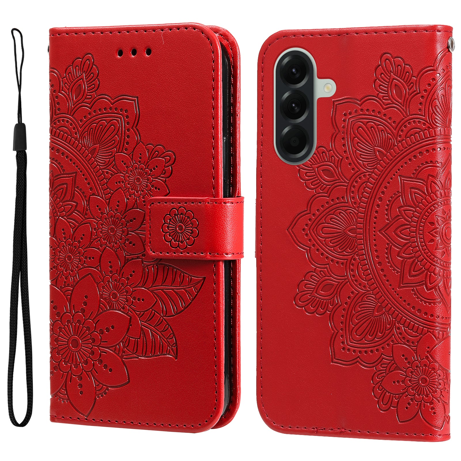 For Samsung Galaxy A57 5G Case Floral Pattern PU Leather Wallet Stand Phone Cover - Red