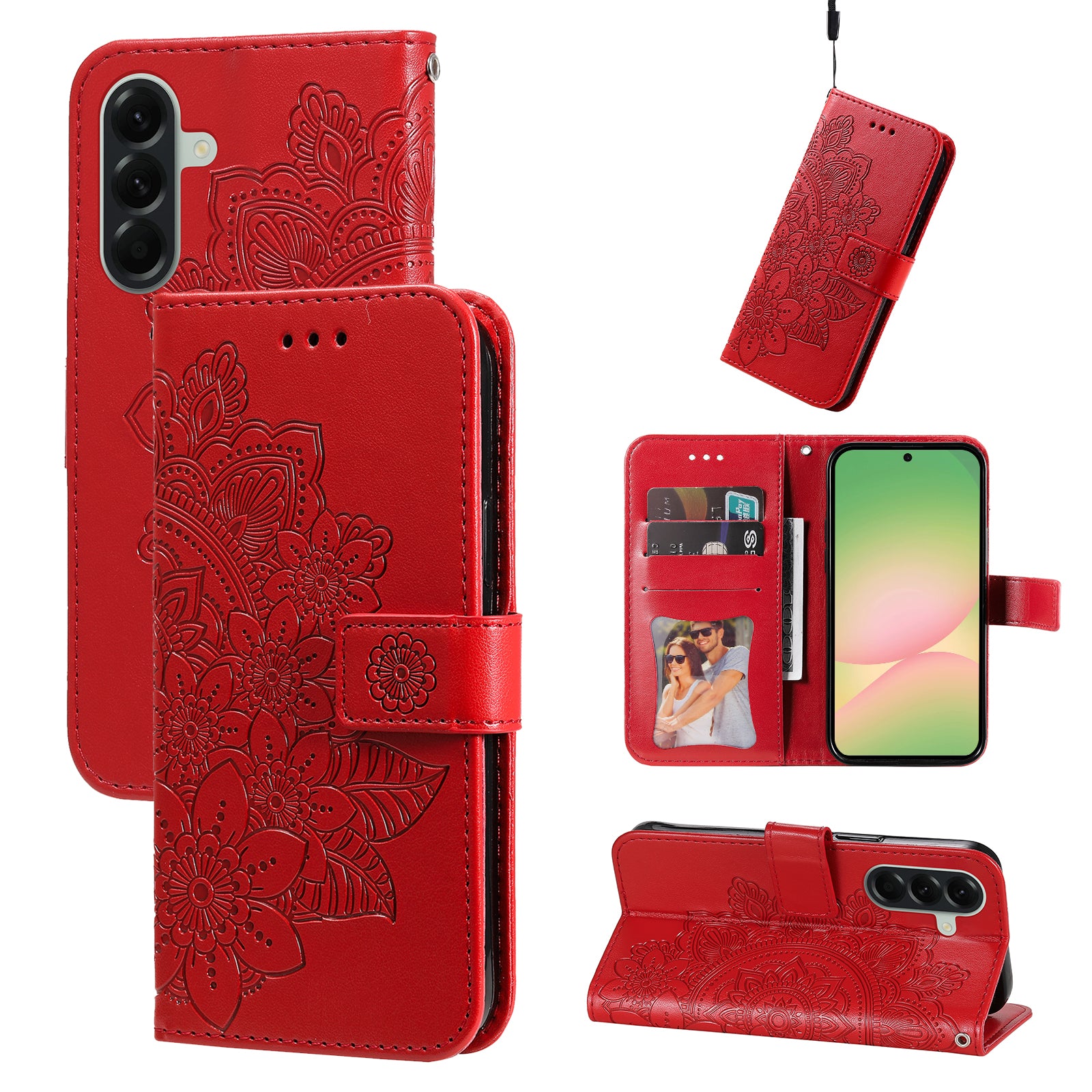 For Samsung Galaxy A57 5G Case Floral Pattern PU Leather Wallet Stand Phone Cover - Red