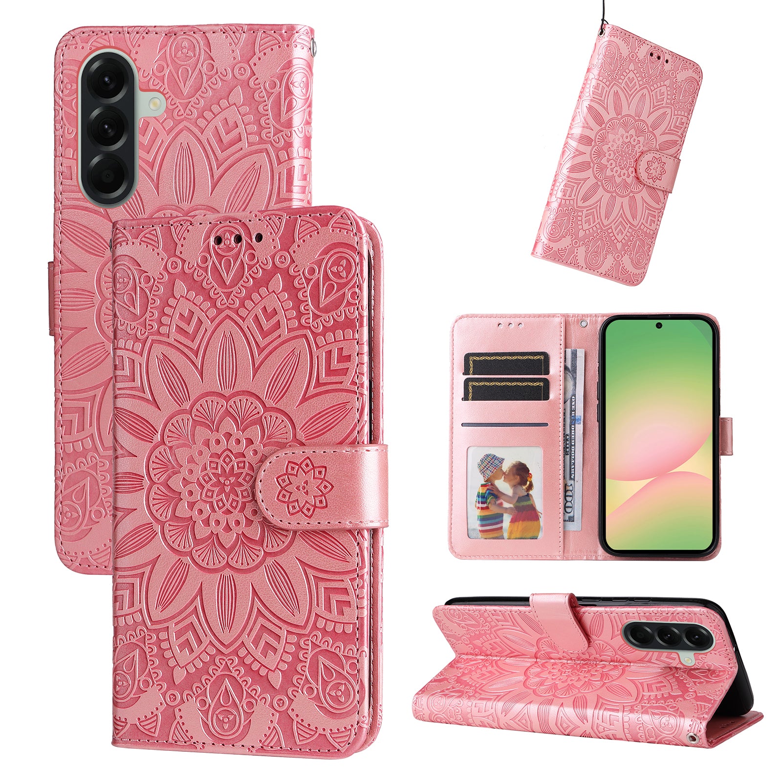 For Samsung Galaxy A57 5G Case Sunflower Imprint Leather Wallet Phone Cover - Pink