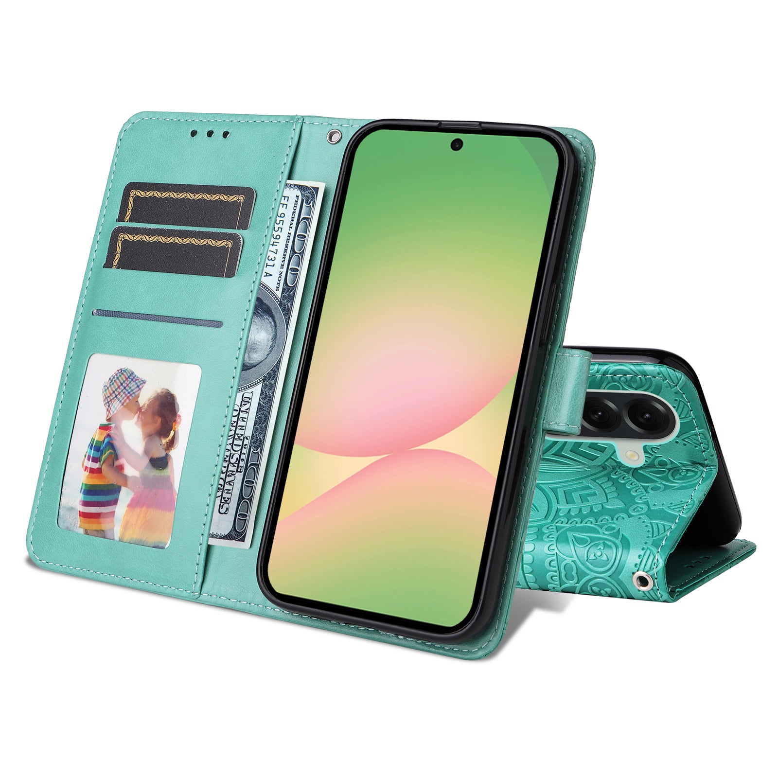 For Samsung Galaxy A57 5G Case Sunflower Imprint Leather Wallet Phone Cover - Green