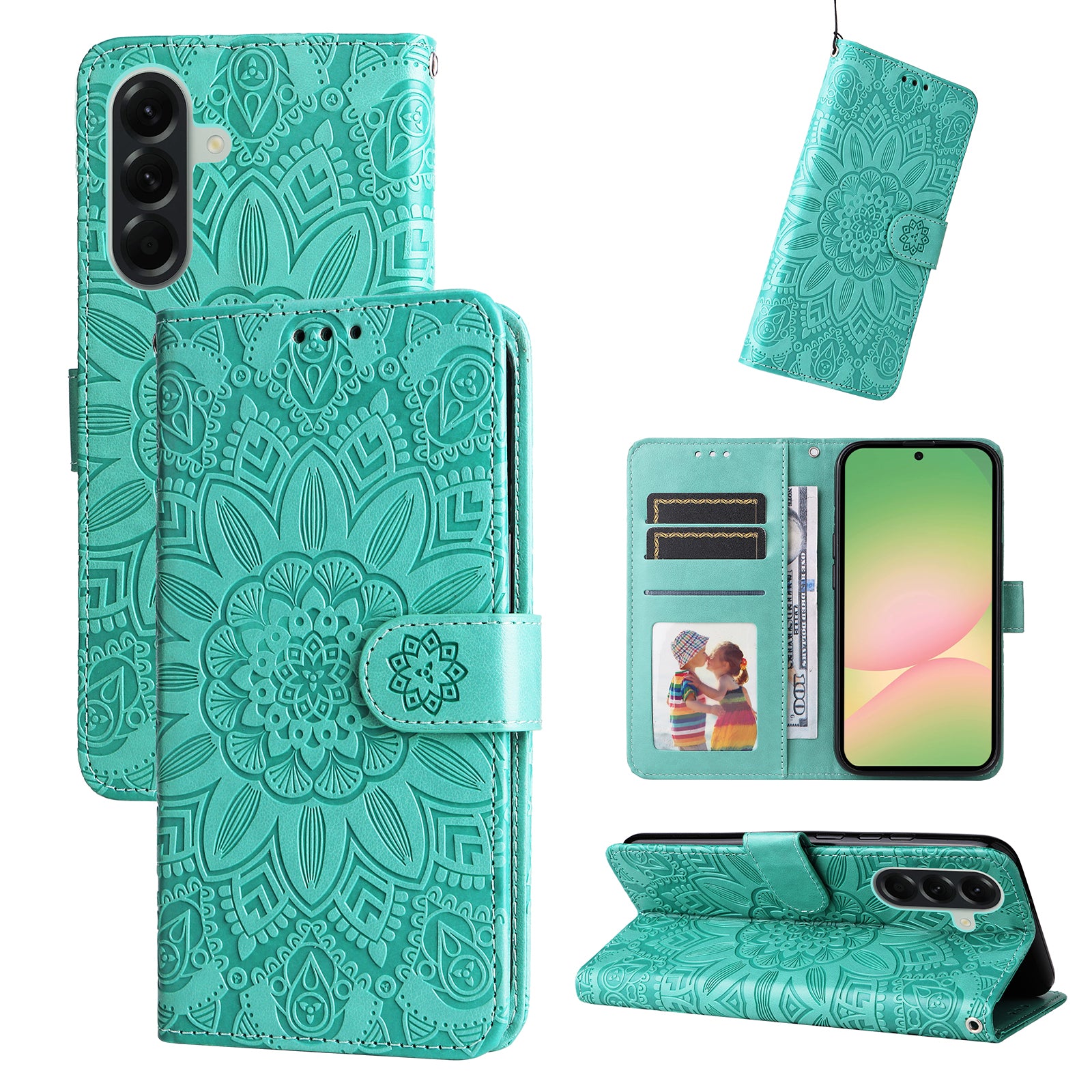 For Samsung Galaxy A57 5G Case Sunflower Imprint Leather Wallet Phone Cover - Green
