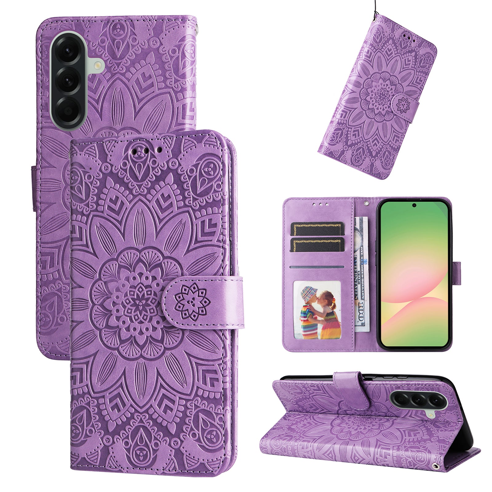 For Samsung Galaxy A57 5G Case Sunflower Imprint Leather Wallet Phone Cover - Purple