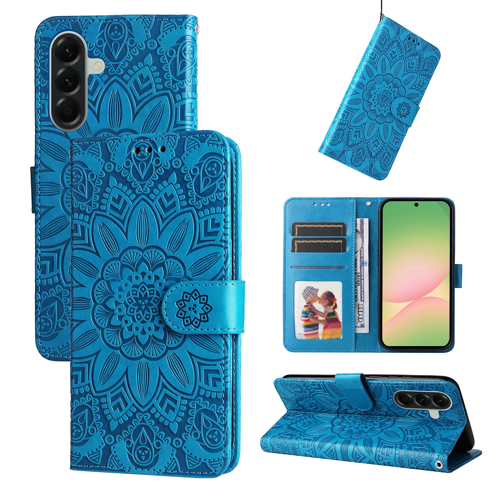 For Samsung Galaxy A57 5G Case Sunflower Imprint Leather Wallet Phone Cover - Blue