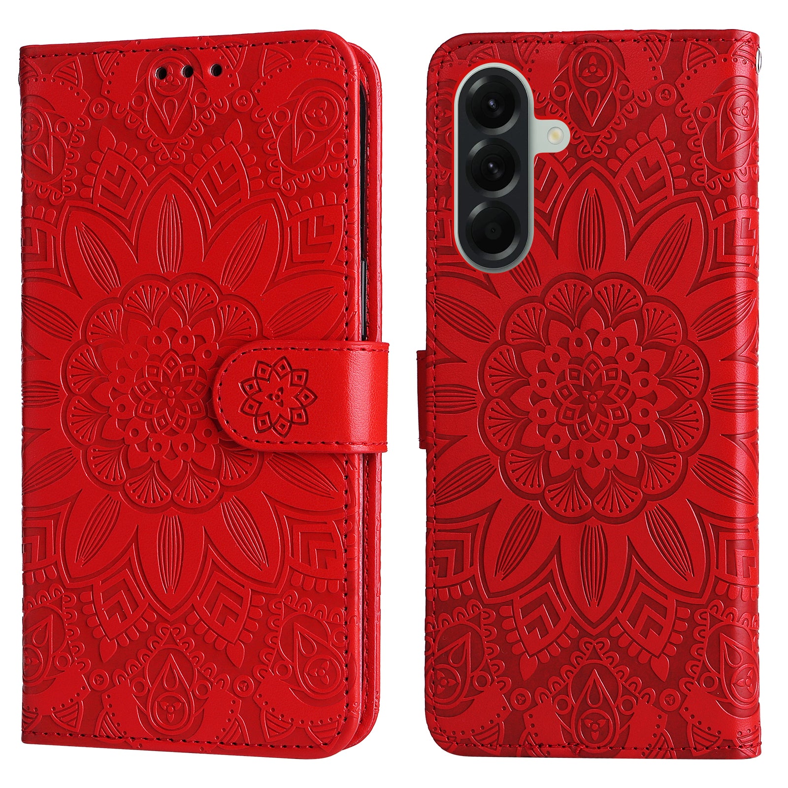 For Samsung Galaxy A57 5G Case Sunflower Imprint Leather Wallet Phone Cover - Red