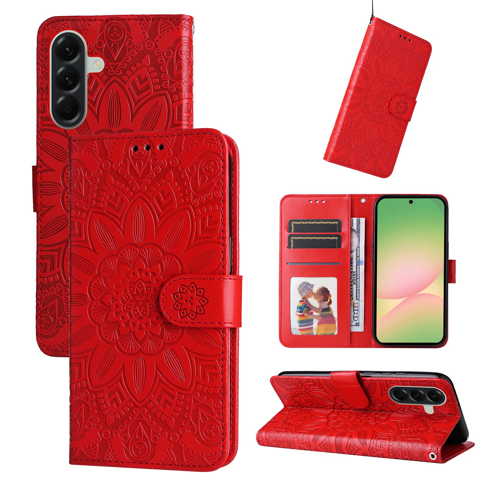 For Samsung Galaxy A57 5G Case Sunflower Imprint Leather Wallet Phone Cover - Red