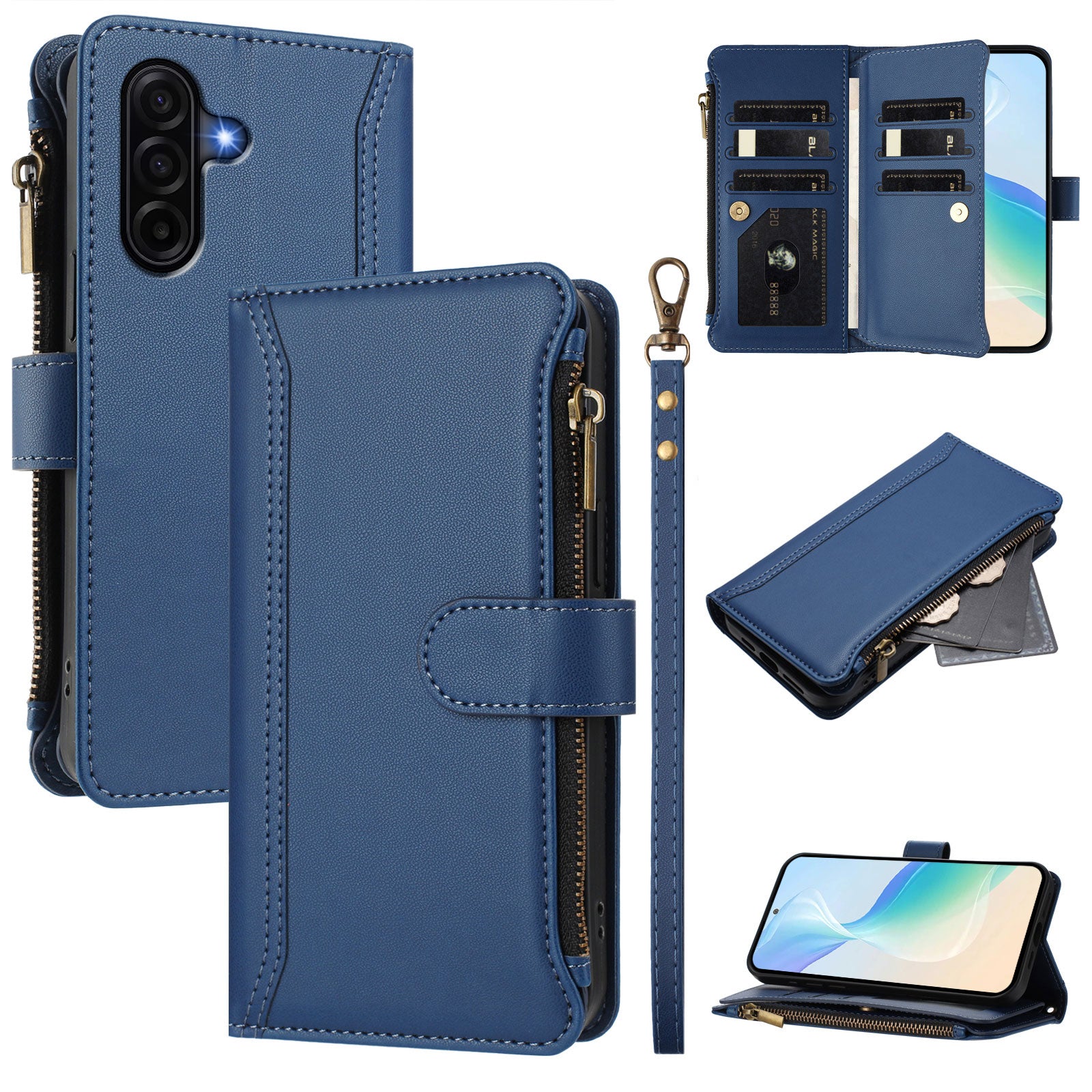 For Samsung Galaxy A57 5G Leather Case 9 Card Slots Zipper Wallet Stand Phone Cover with Wrist Strap - Dark Blue