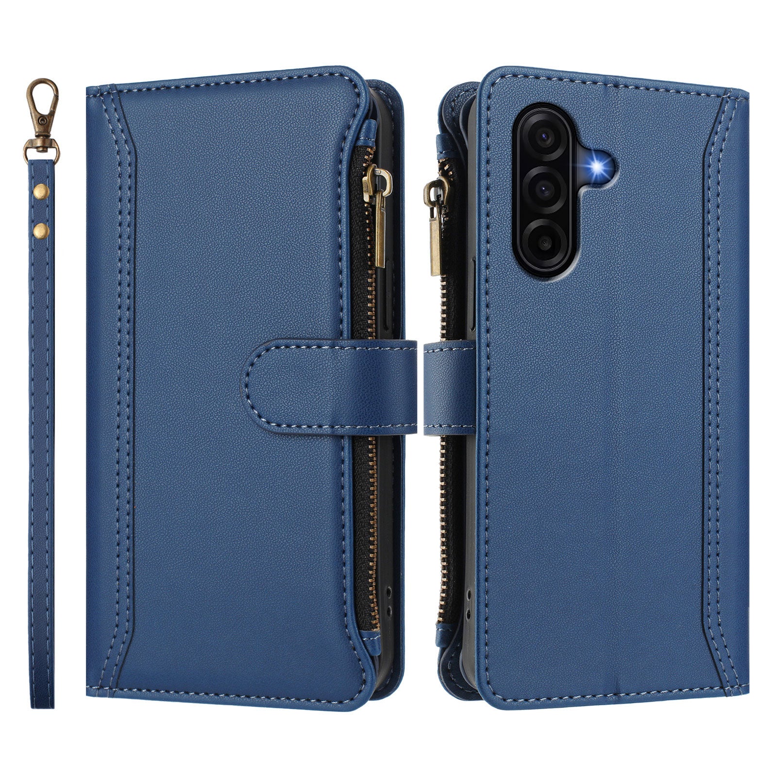 For Samsung Galaxy A57 5G Leather Case 9 Card Slots Zipper Wallet Stand Phone Cover with Wrist Strap - Dark Blue