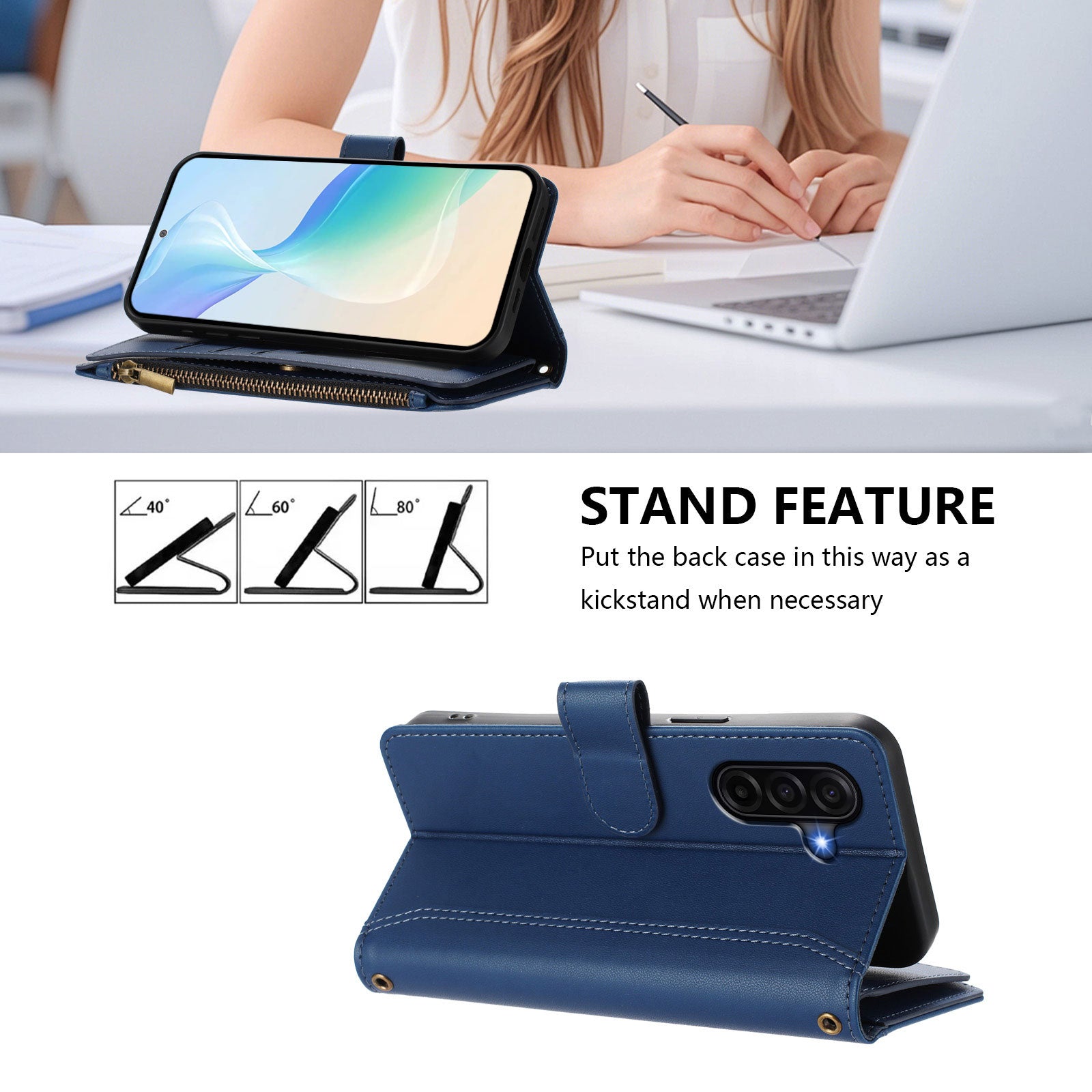 For Samsung Galaxy A57 5G Leather Case 9 Card Slots Zipper Wallet Stand Phone Cover with Wrist Strap - Dark Blue