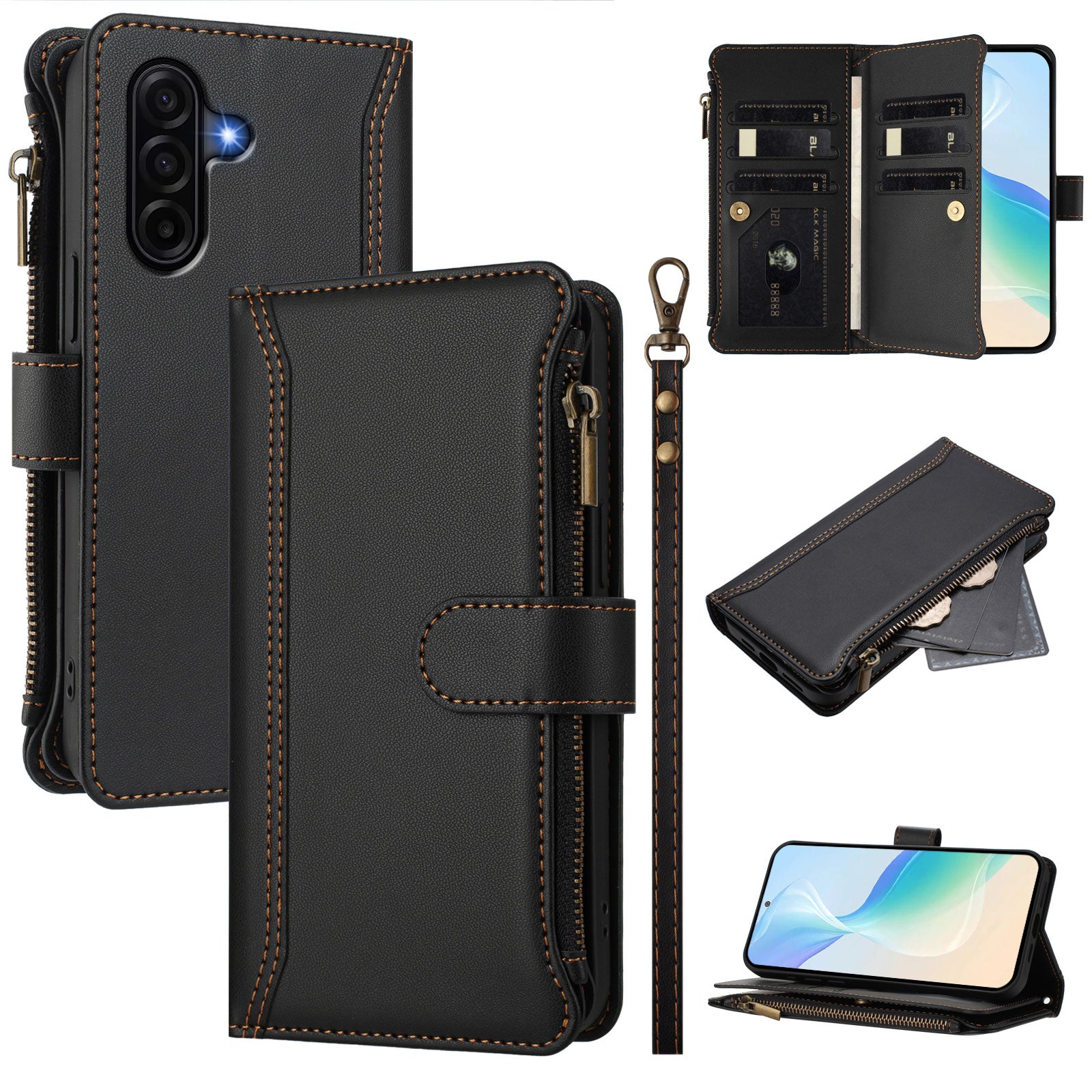For Samsung Galaxy A57 5G Leather Case 9 Card Slots Zipper Wallet Stand Phone Cover with Wrist Strap - Black