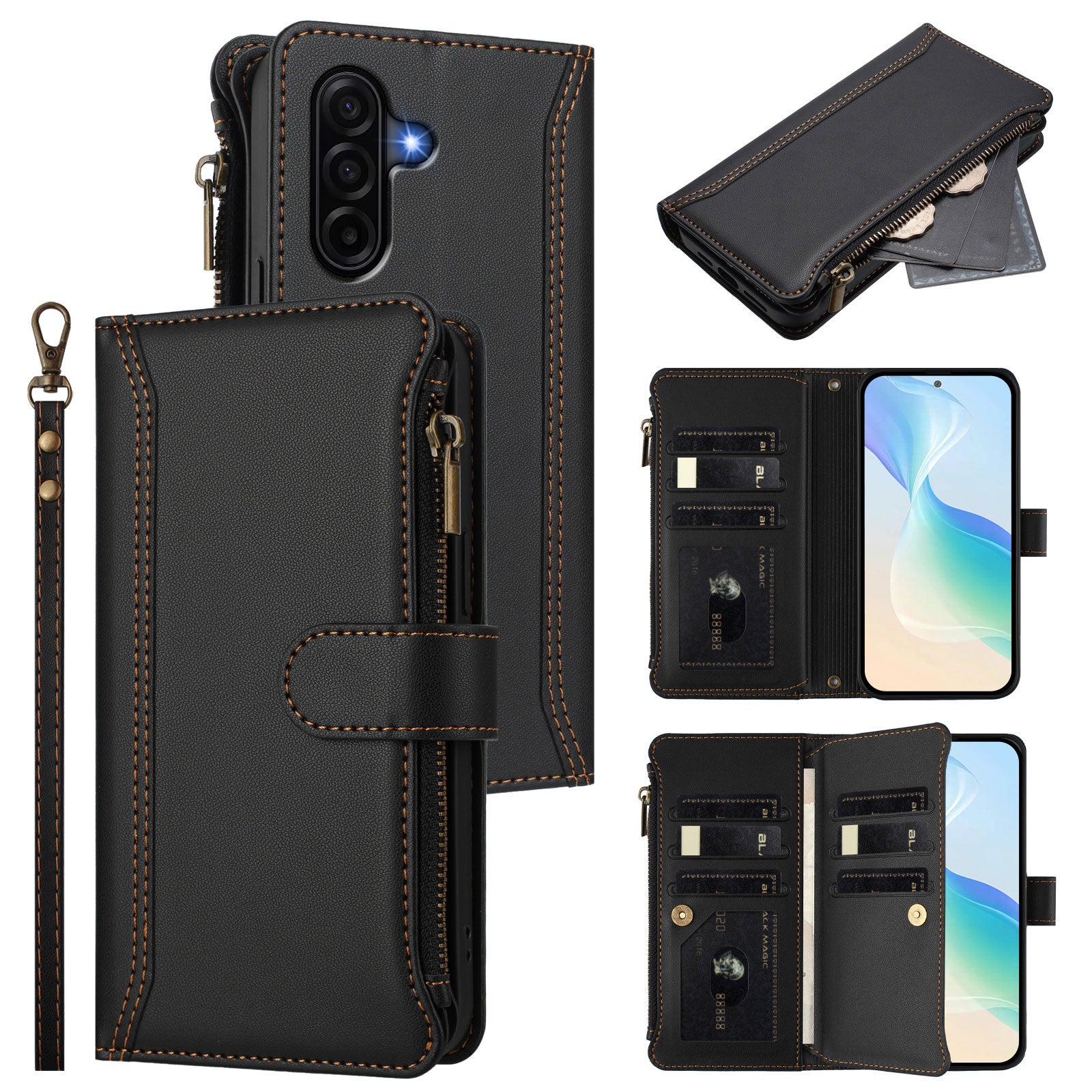 For Samsung Galaxy A57 5G Leather Case 9 Card Slots Zipper Wallet Stand Phone Cover with Wrist Strap - Black