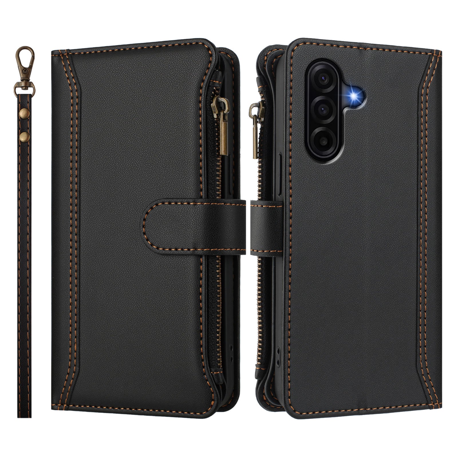 For Samsung Galaxy A57 5G Leather Case 9 Card Slots Zipper Wallet Stand Phone Cover with Wrist Strap - Black