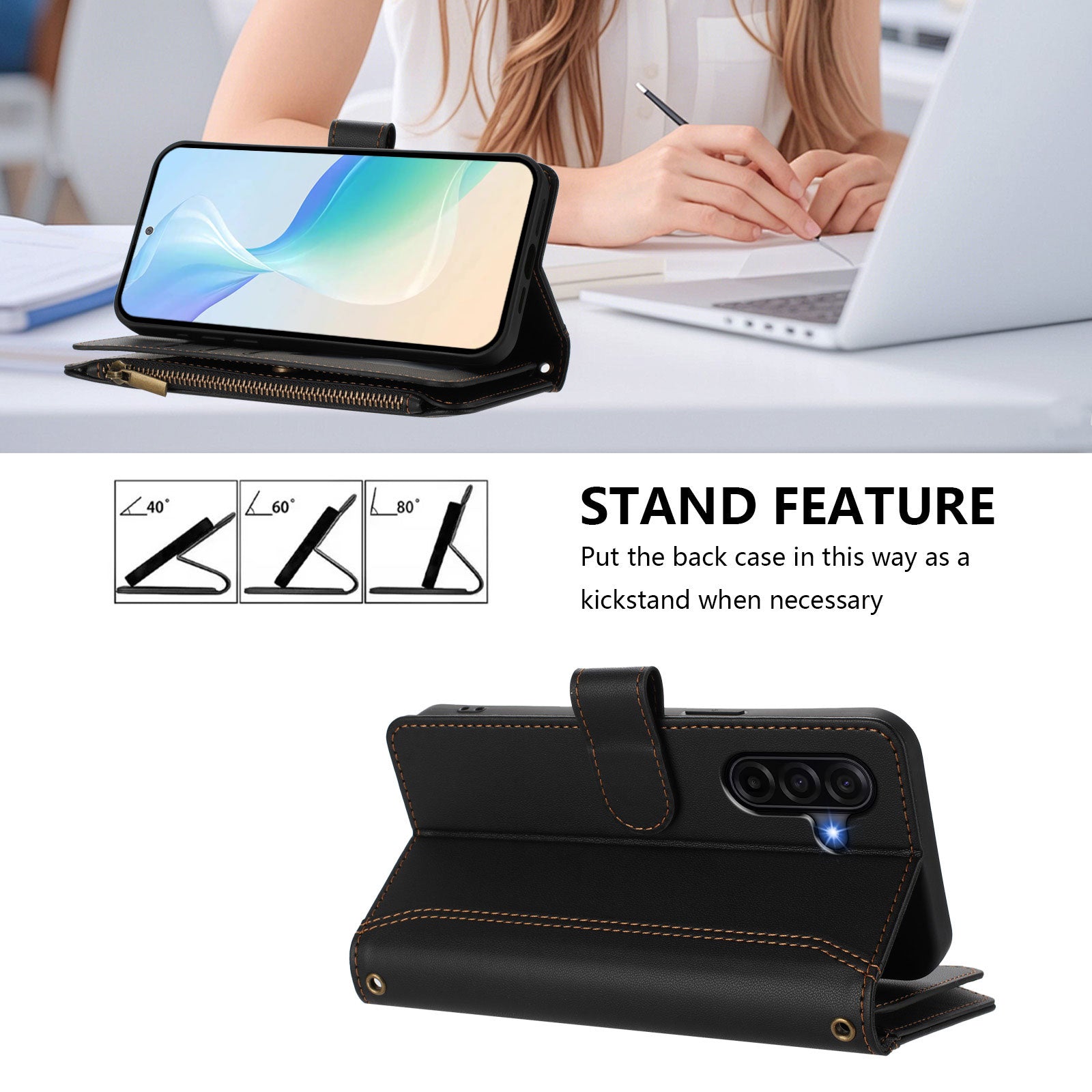 For Samsung Galaxy A57 5G Leather Case 9 Card Slots Zipper Wallet Stand Phone Cover with Wrist Strap - Black