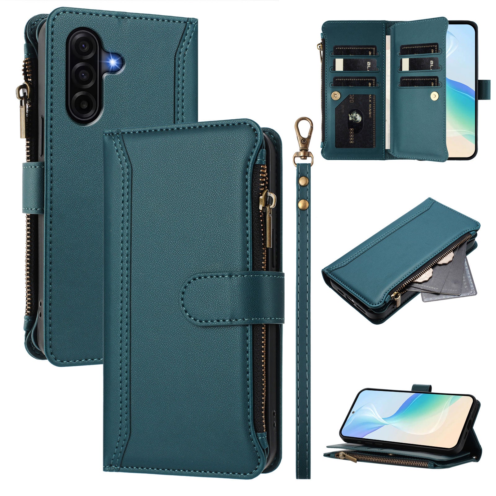 For Samsung Galaxy A57 5G Leather Case 9 Card Slots Zipper Wallet Stand Phone Cover with Wrist Strap - Dark Green