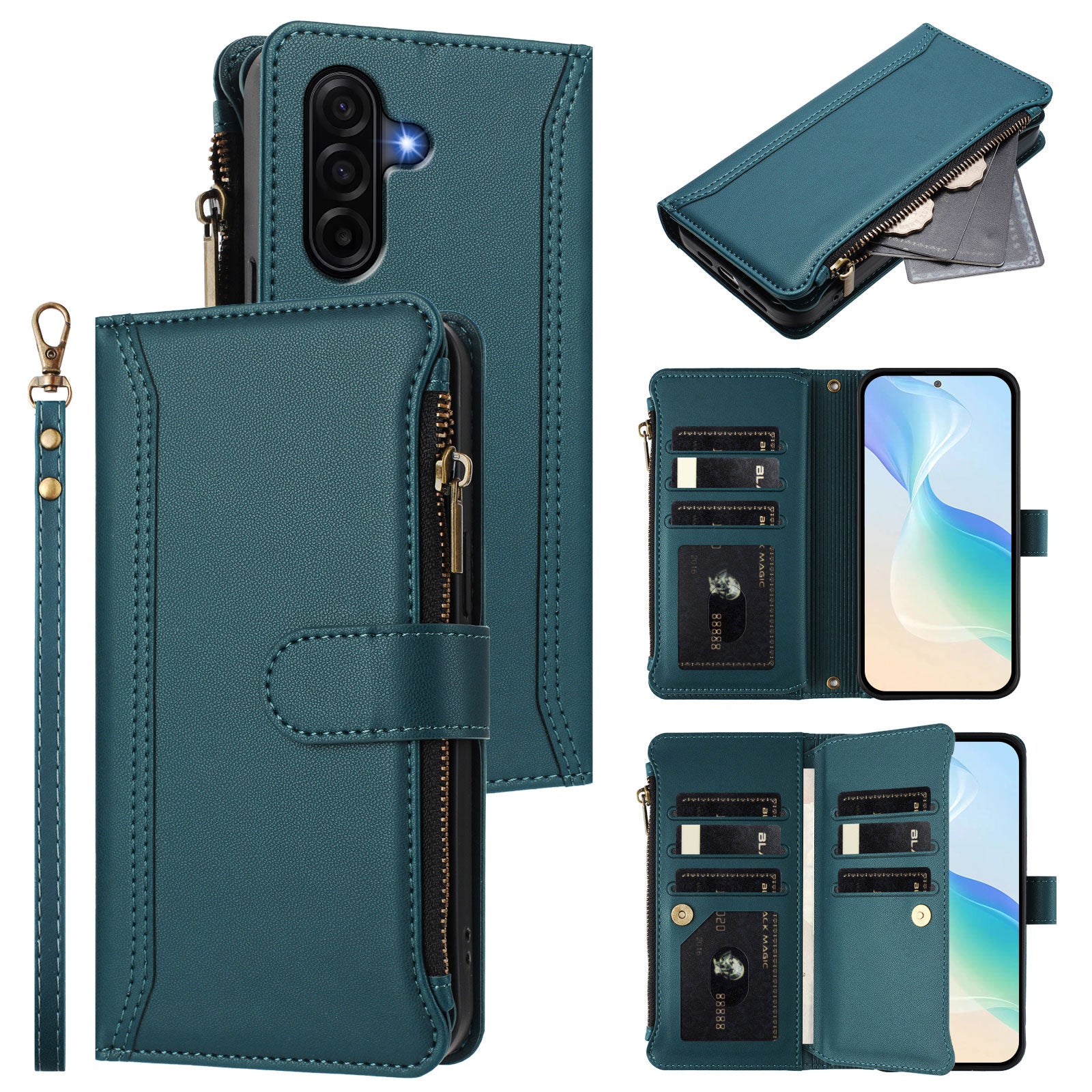 For Samsung Galaxy A57 5G Leather Case 9 Card Slots Zipper Wallet Stand Phone Cover with Wrist Strap - Dark Green
