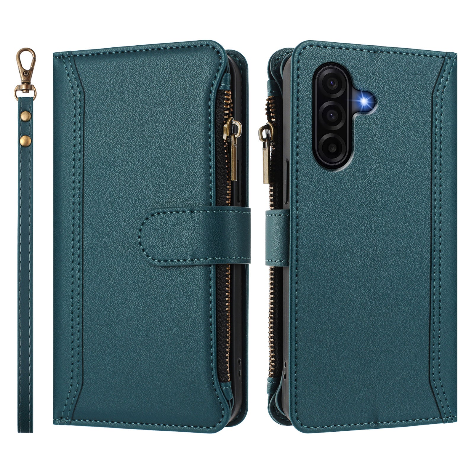For Samsung Galaxy A57 5G Leather Case 9 Card Slots Zipper Wallet Stand Phone Cover with Wrist Strap - Dark Green
