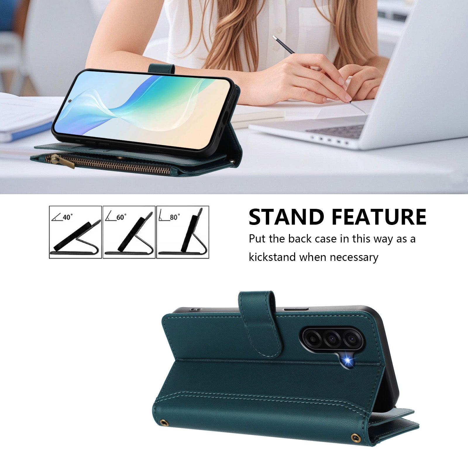 For Samsung Galaxy A57 5G Leather Case 9 Card Slots Zipper Wallet Stand Phone Cover with Wrist Strap - Dark Green