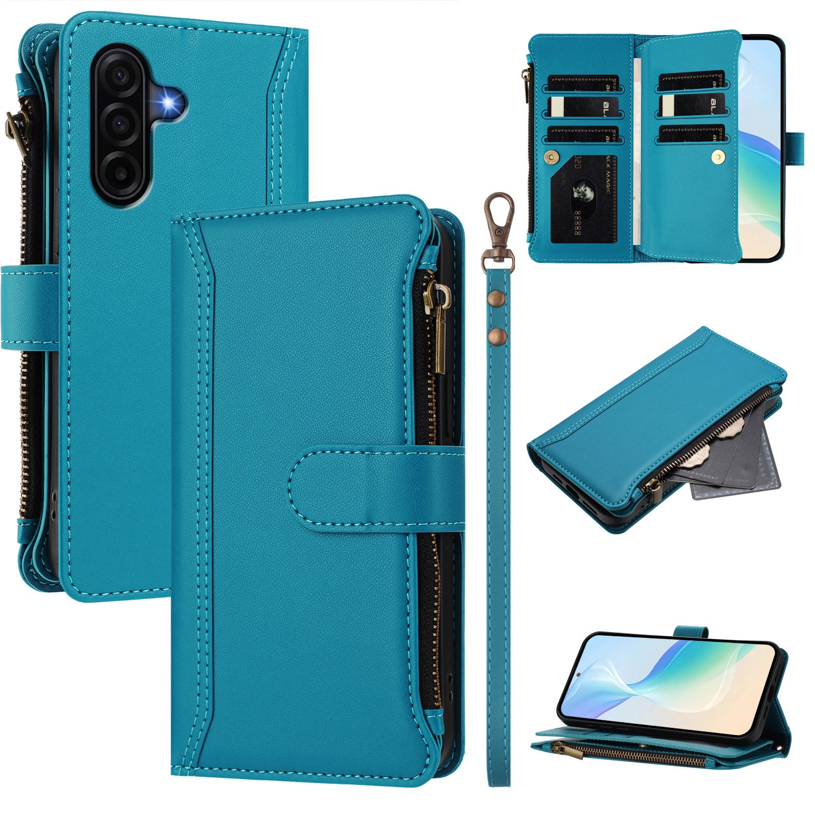 For Samsung Galaxy A57 5G Leather Case 9 Card Slots Zipper Wallet Stand Phone Cover with Wrist Strap - Lake Blue