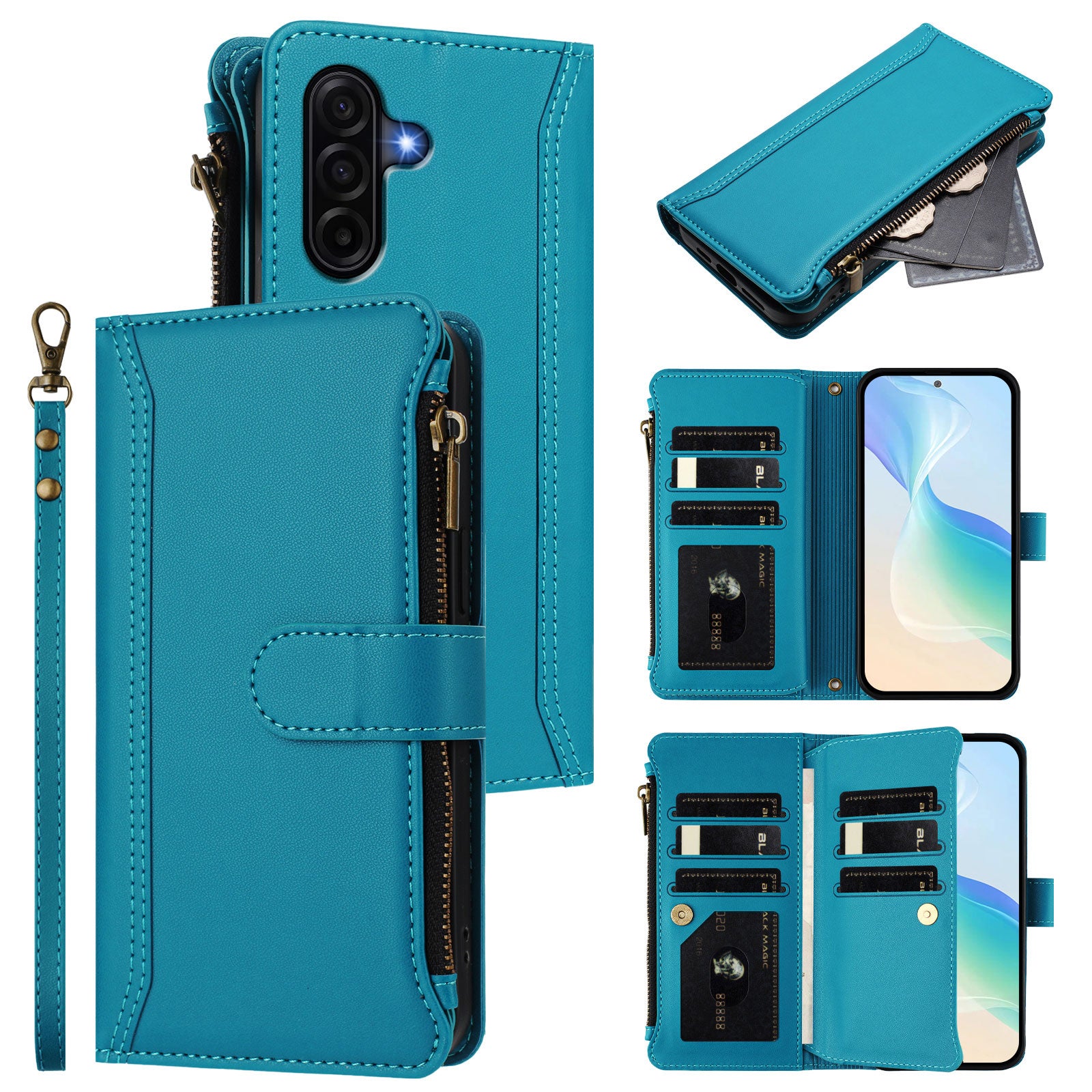 For Samsung Galaxy A57 5G Leather Case 9 Card Slots Zipper Wallet Stand Phone Cover with Wrist Strap - Lake Blue