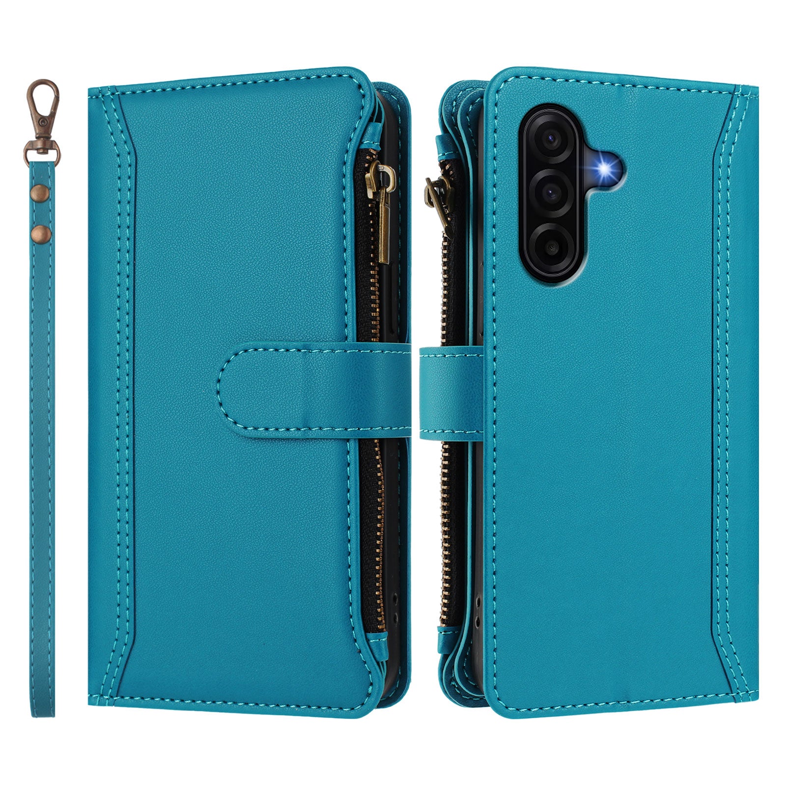 For Samsung Galaxy A57 5G Leather Case 9 Card Slots Zipper Wallet Stand Phone Cover with Wrist Strap - Lake Blue