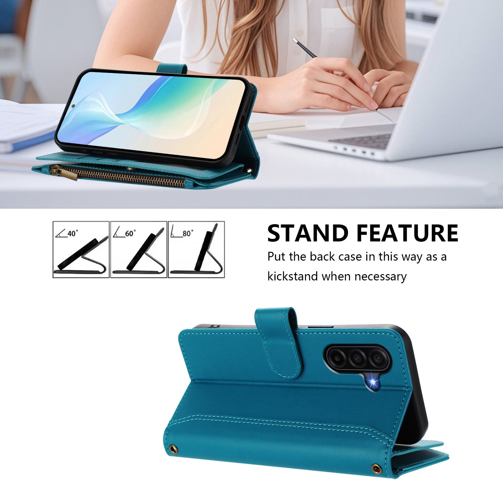 For Samsung Galaxy A57 5G Leather Case 9 Card Slots Zipper Wallet Stand Phone Cover with Wrist Strap - Lake Blue