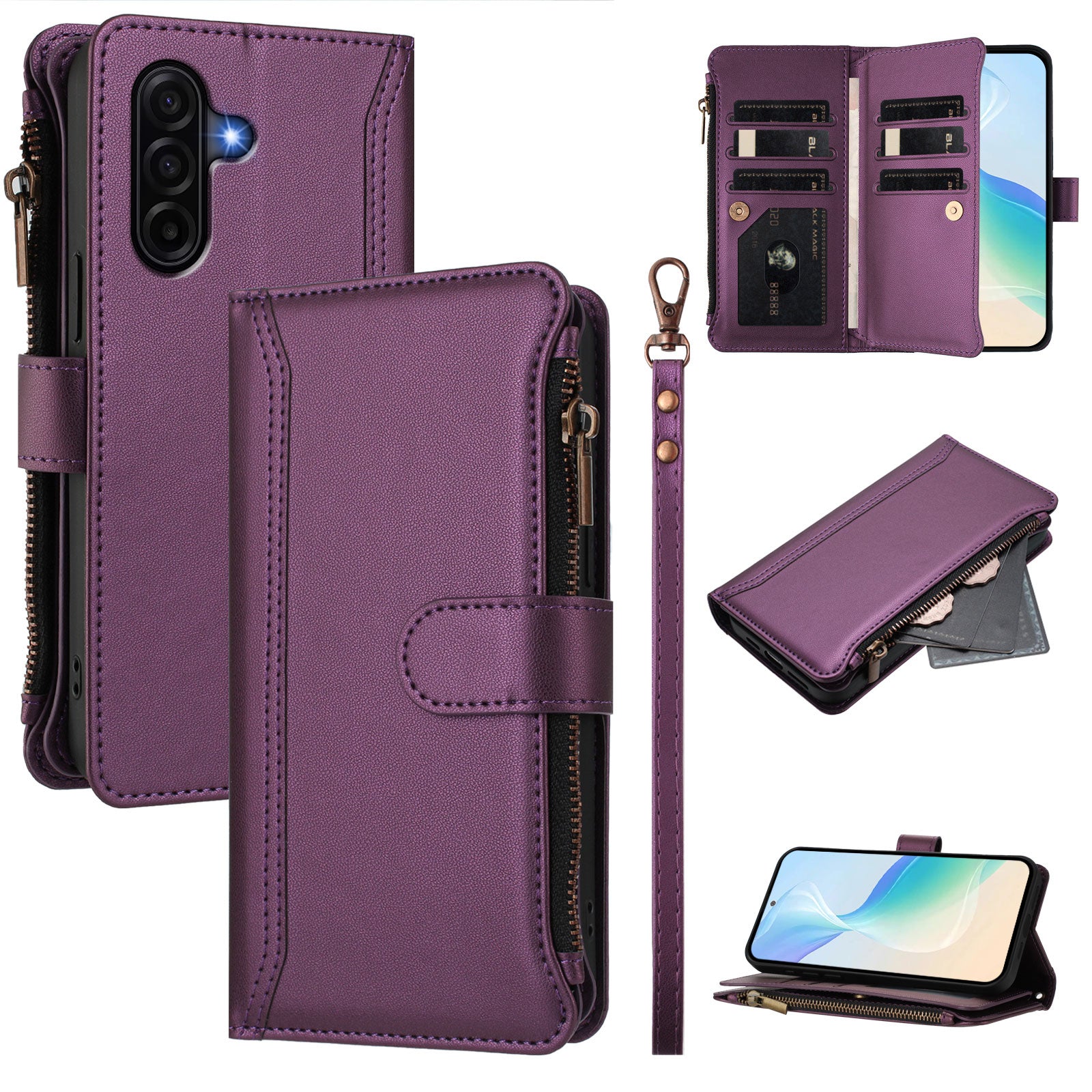 For Samsung Galaxy A57 5G Leather Case 9 Card Slots Zipper Wallet Stand Phone Cover with Wrist Strap - Purple