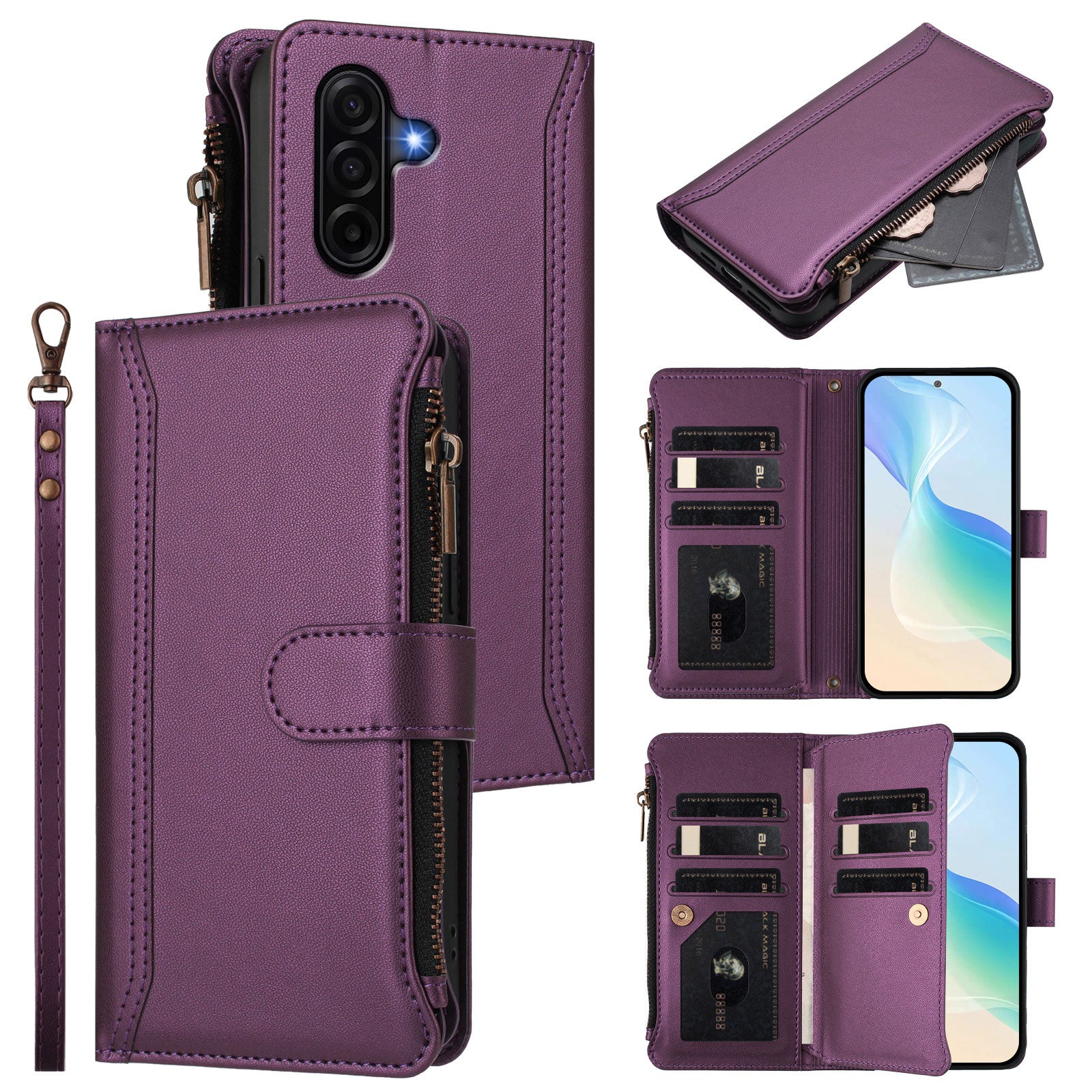 For Samsung Galaxy A57 5G Leather Case 9 Card Slots Zipper Wallet Stand Phone Cover with Wrist Strap - Purple