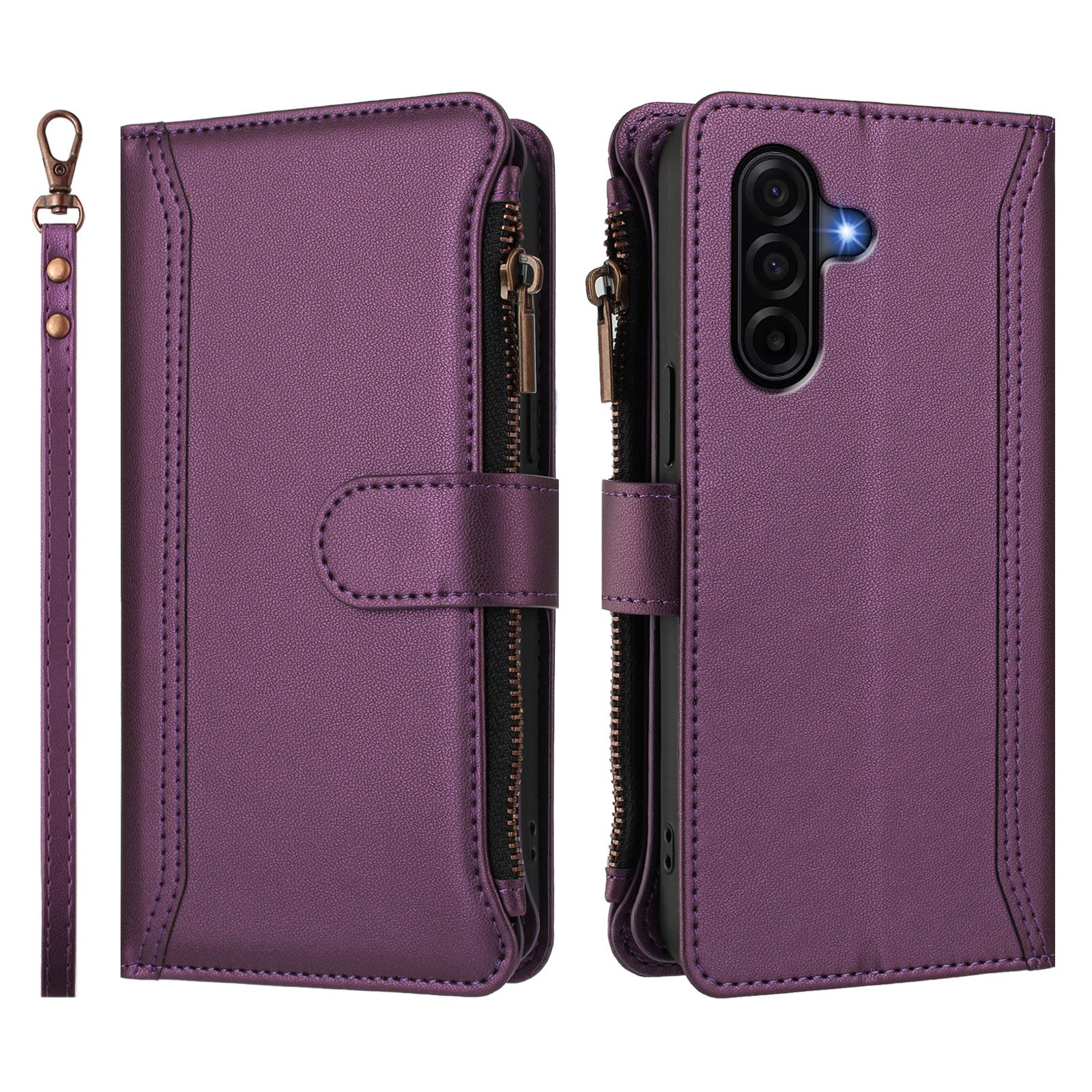 For Samsung Galaxy A57 5G Leather Case 9 Card Slots Zipper Wallet Stand Phone Cover with Wrist Strap - Purple