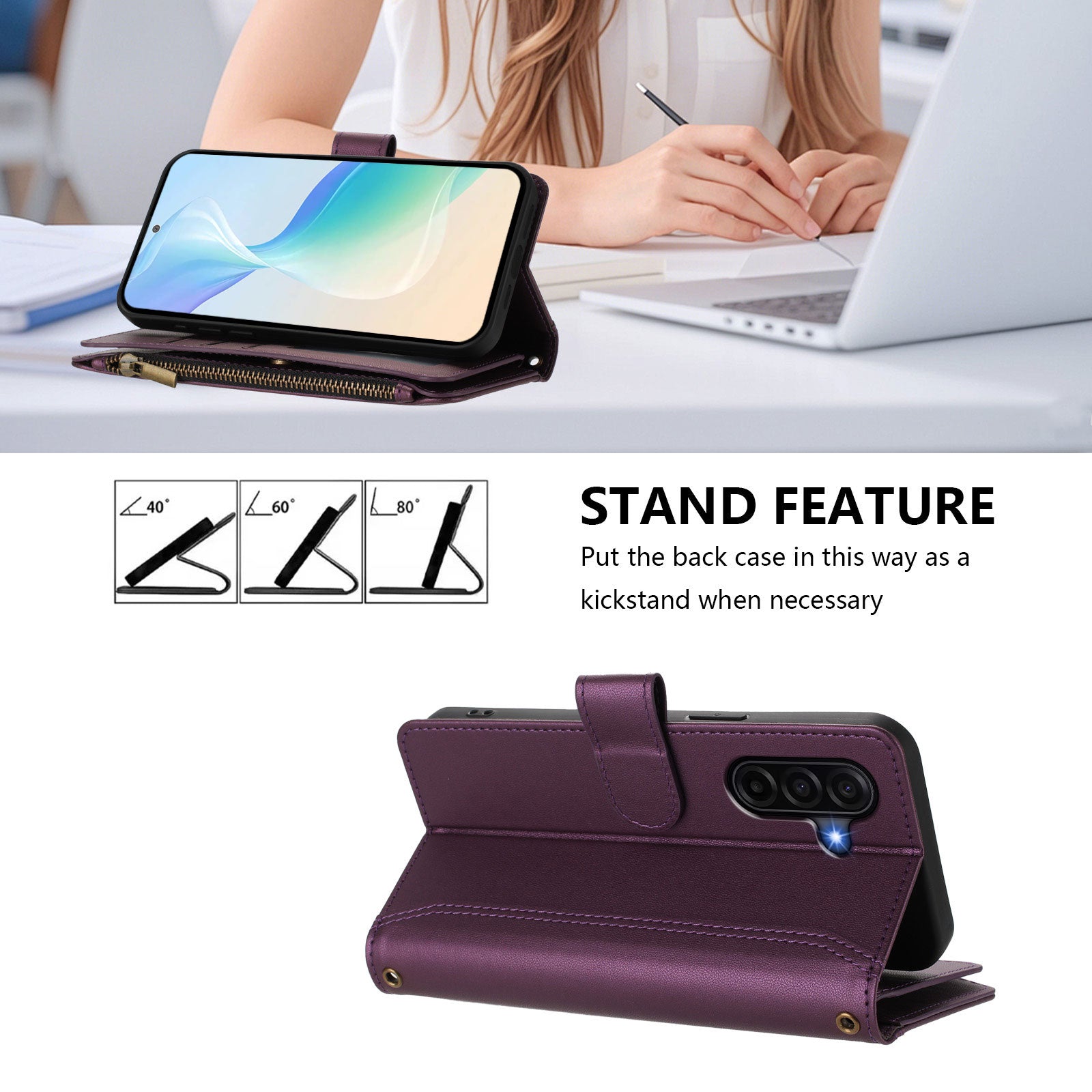 For Samsung Galaxy A57 5G Leather Case 9 Card Slots Zipper Wallet Stand Phone Cover with Wrist Strap - Purple