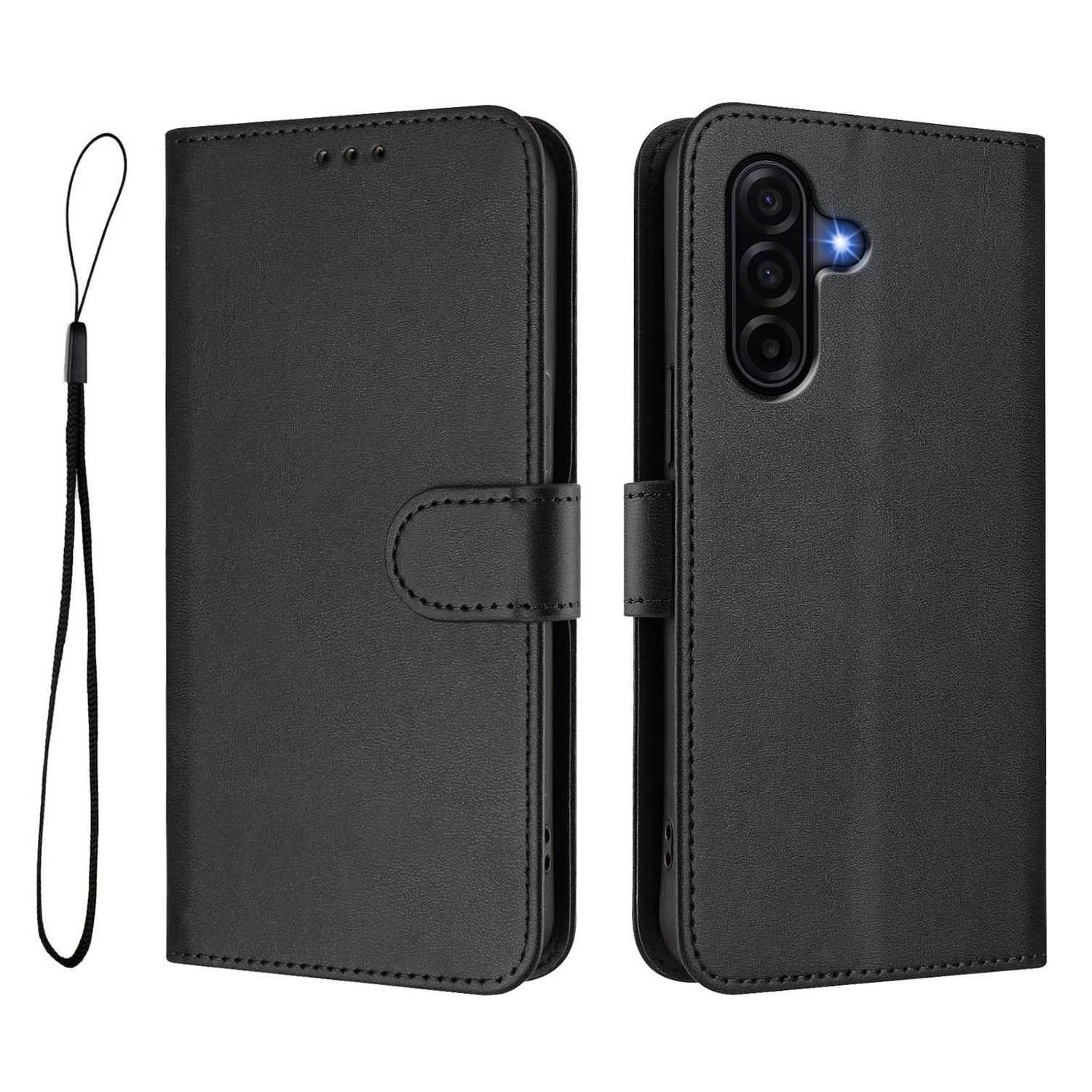 For Samsung Galaxy A57 5G Wallet Case RFID Blocking Calf Texture Leather Stand Phone Cover with Strap - Black