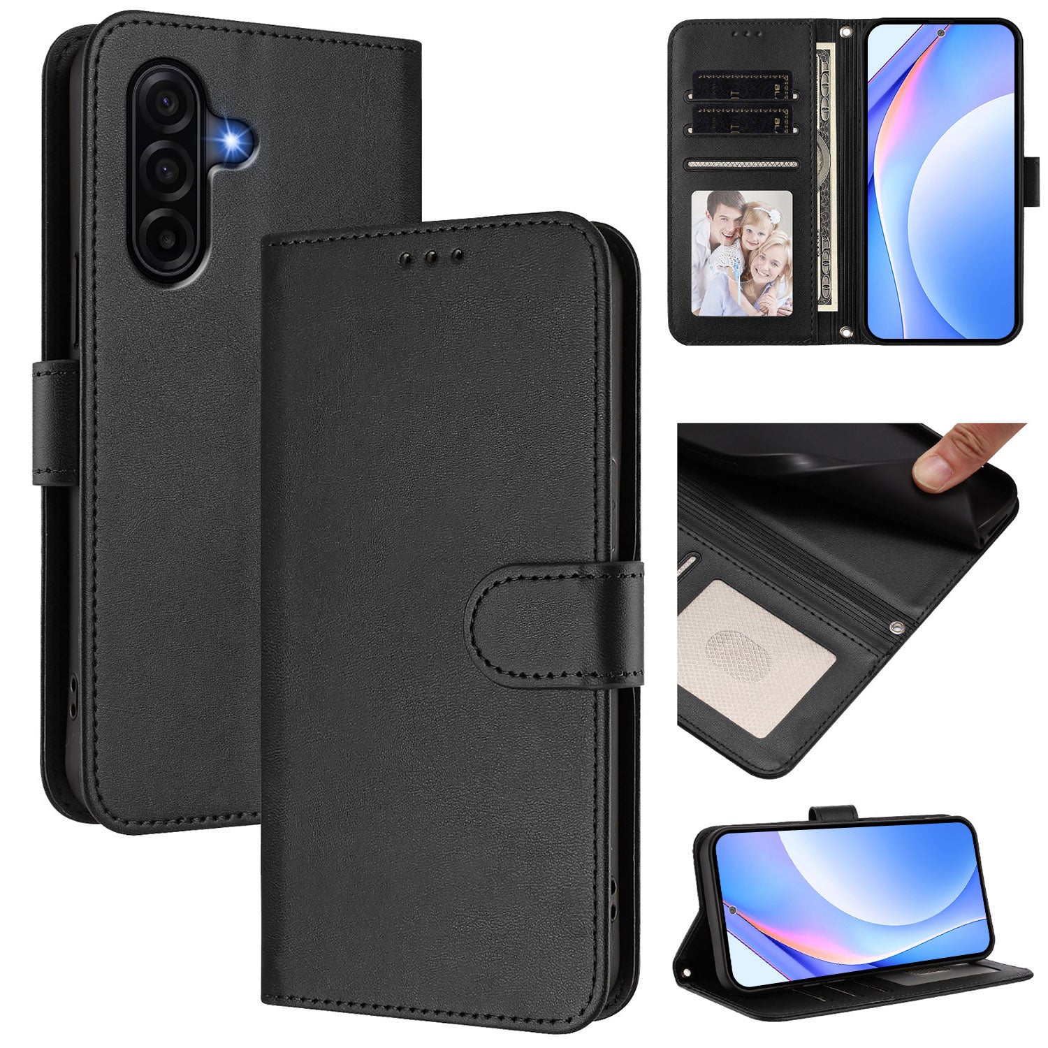 For Samsung Galaxy A57 5G Wallet Case RFID Blocking Calf Texture Leather Stand Phone Cover with Strap - Black
